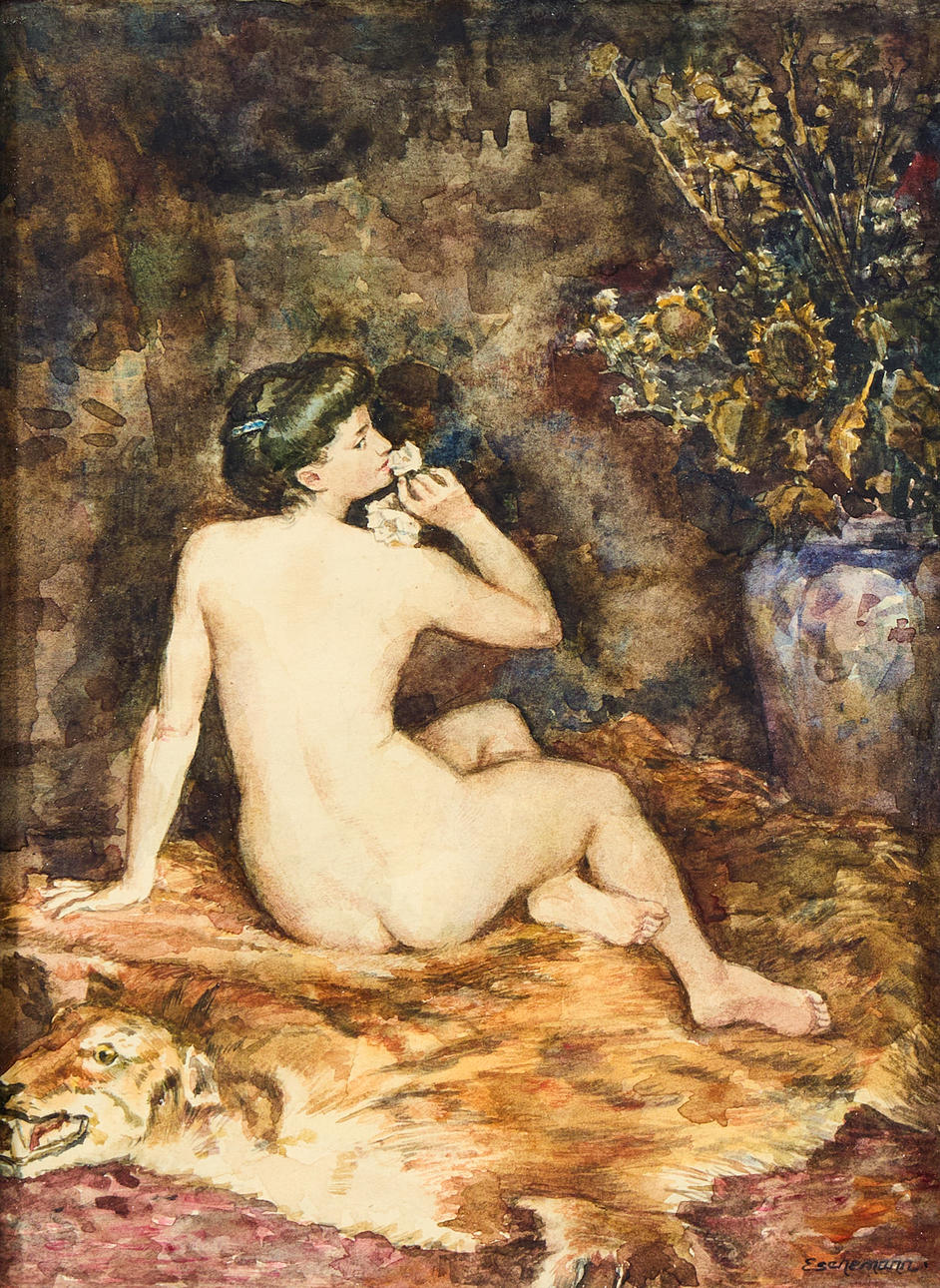 OKÄND KONSTNÄR. Kvinna på tigerfäll.