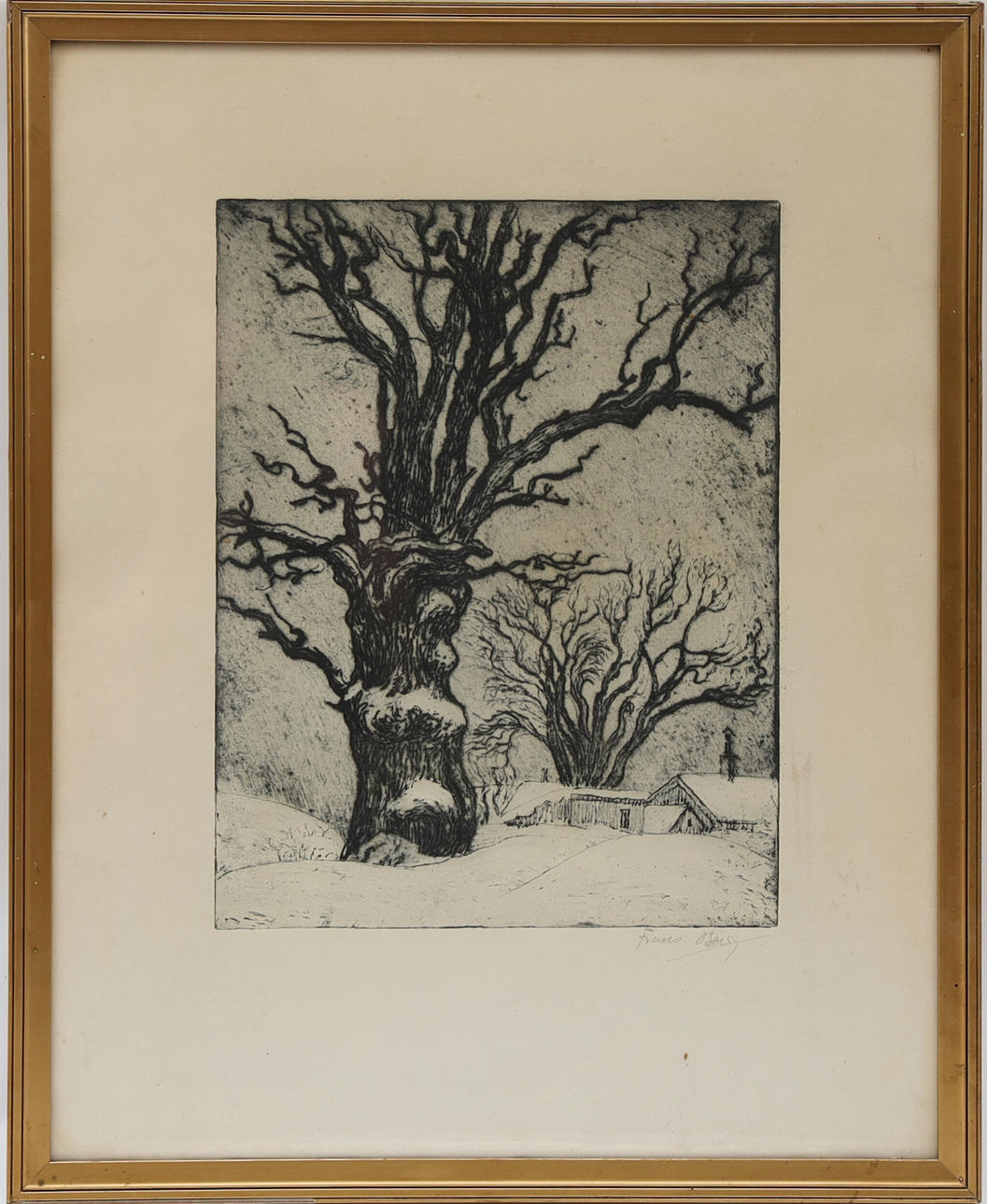 FRANS BERG. Landscape with cottage and trees, etching, signed.