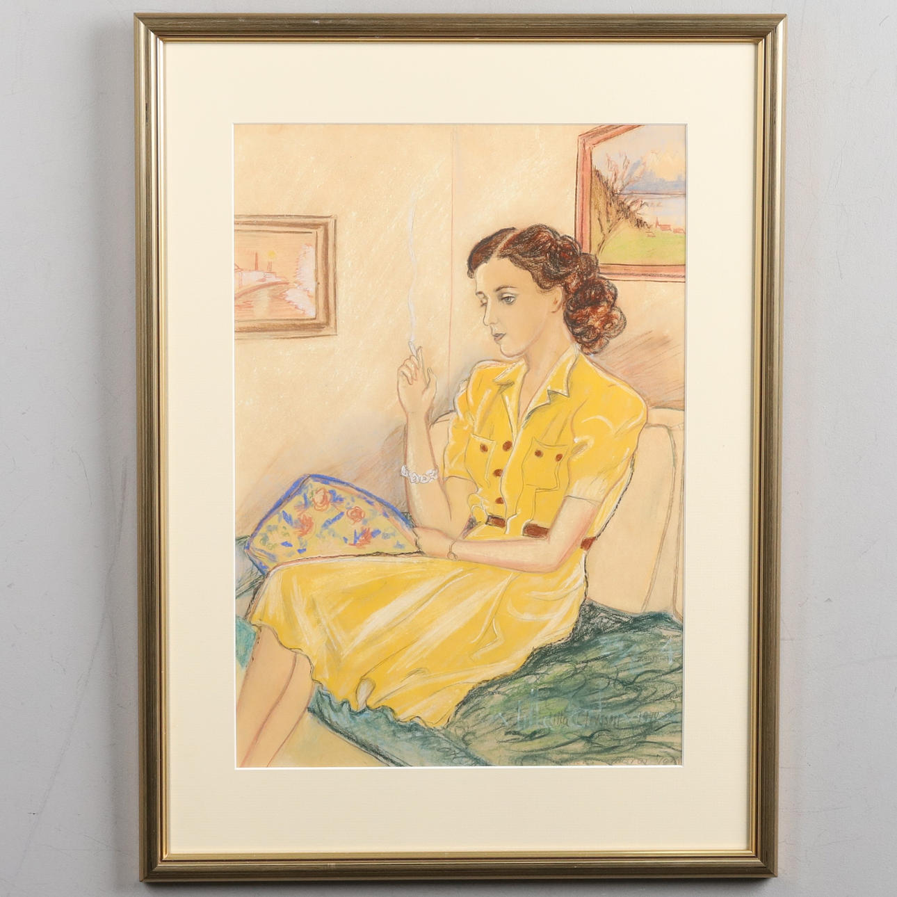 OIDENTIFIERAD KONSTNÄR. Mixed media. “A flare in the sofa”, signed and dated Ulla Olovsson -1944.