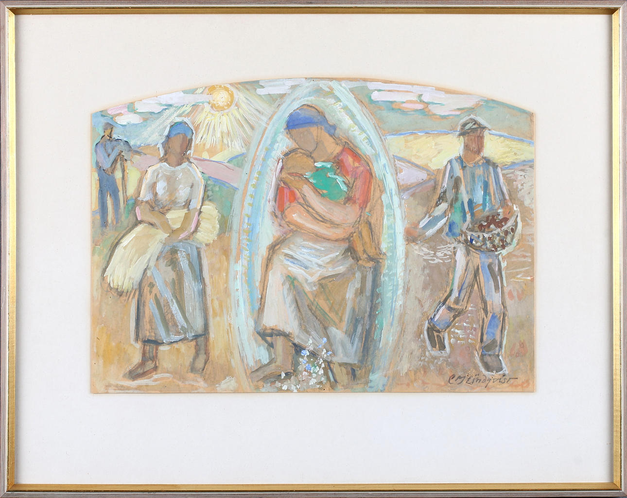 CARL MAGNUS LINDQVIST. Skördetid, gouache, signerad.