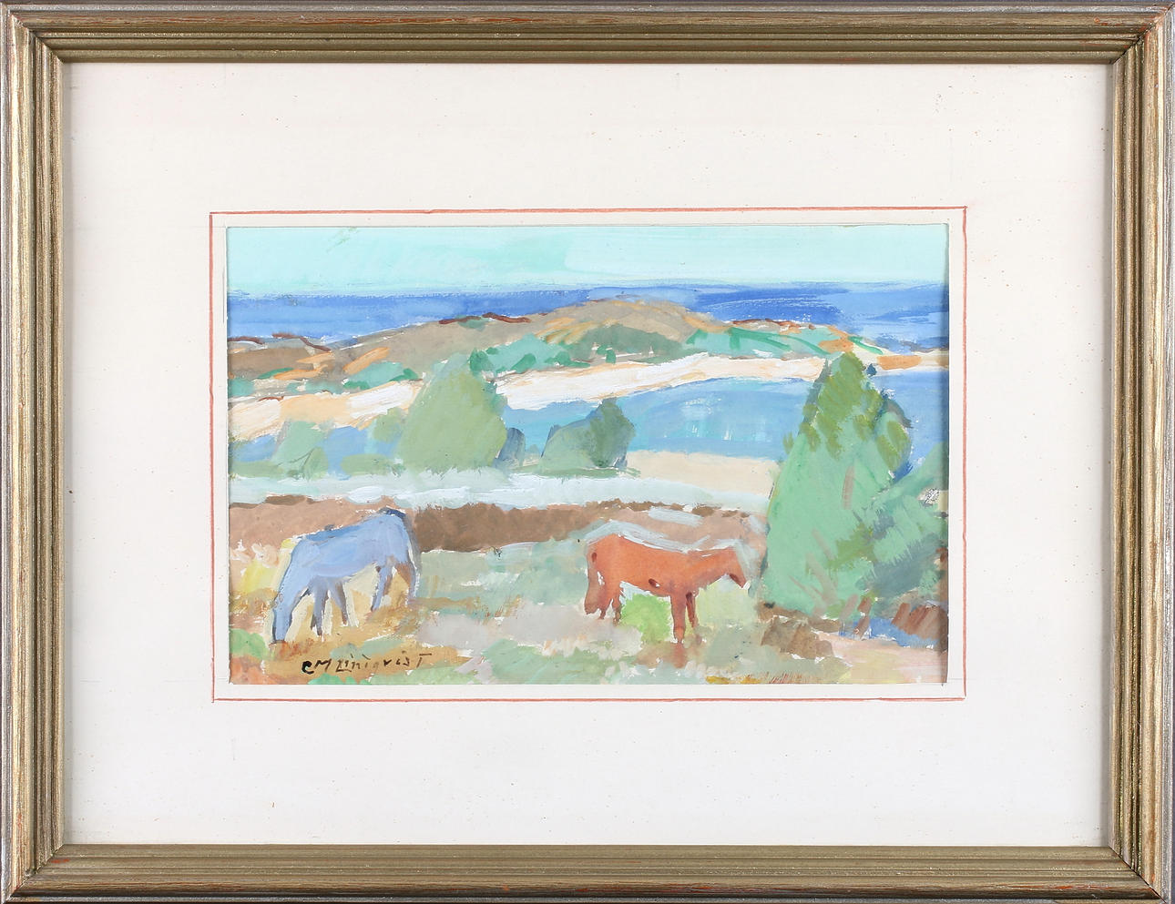 CARL MAGNUS LINDQVIST. Hästhagen, gouache, signerad.