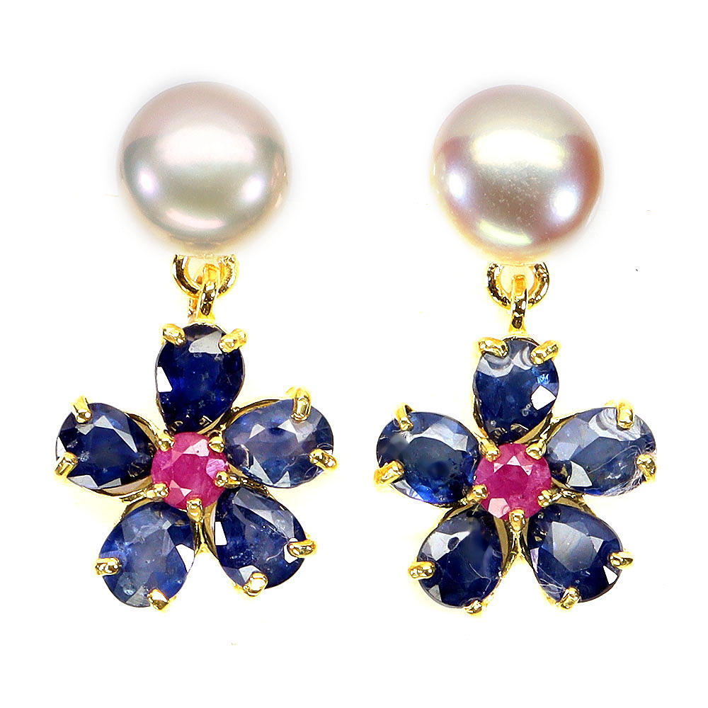 SILVER PEARL, SAPPHIRE AND RUBY EARRINGS.