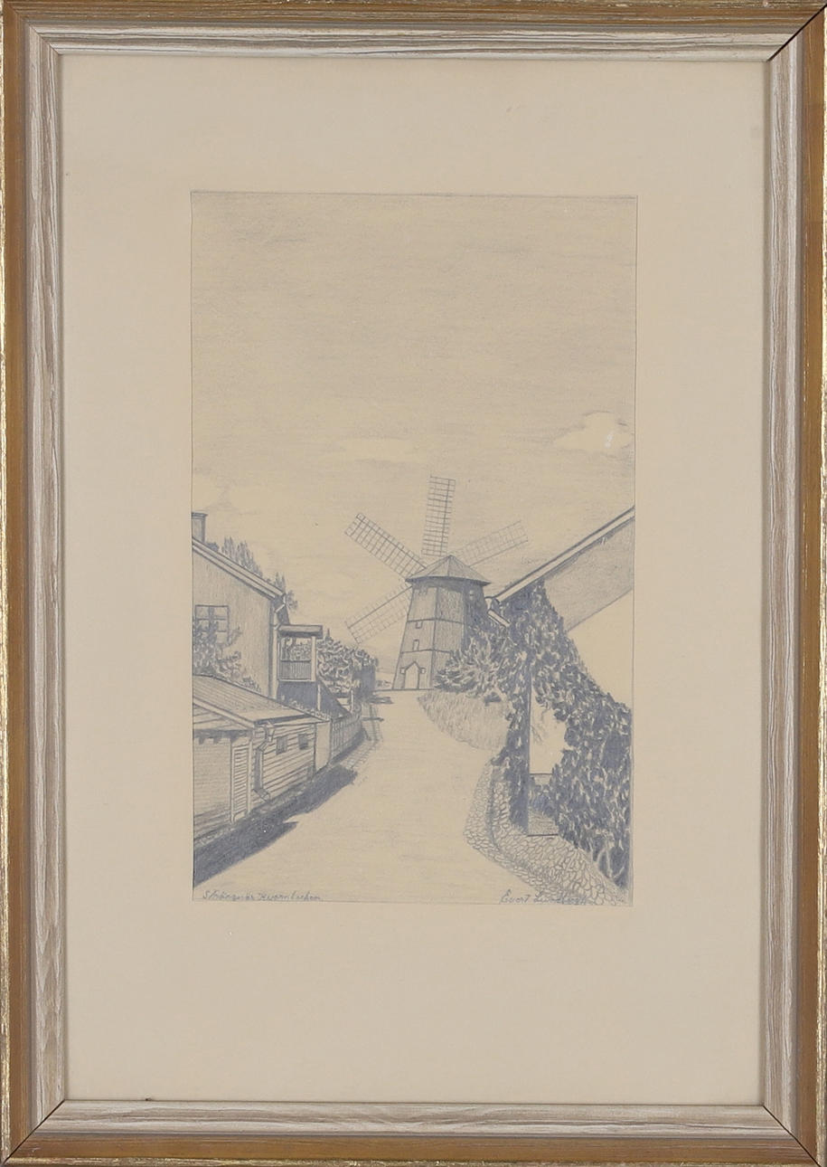 EVERT LUNDBERGH. Drawing, “Strängnäs Kvarnbacken”, signed.