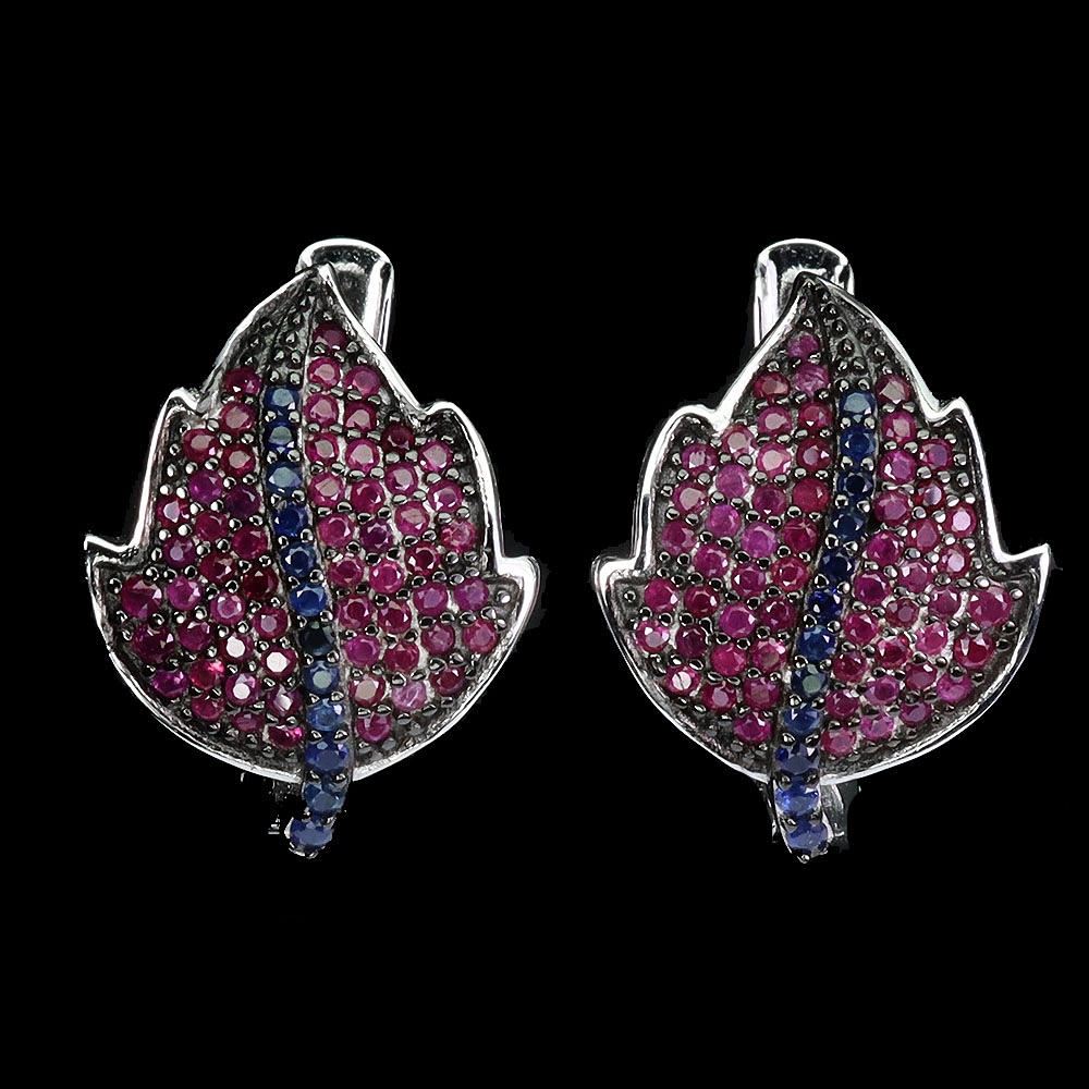 SILVER SAPPHIRE AND RUBY LEAF EARRINGS.