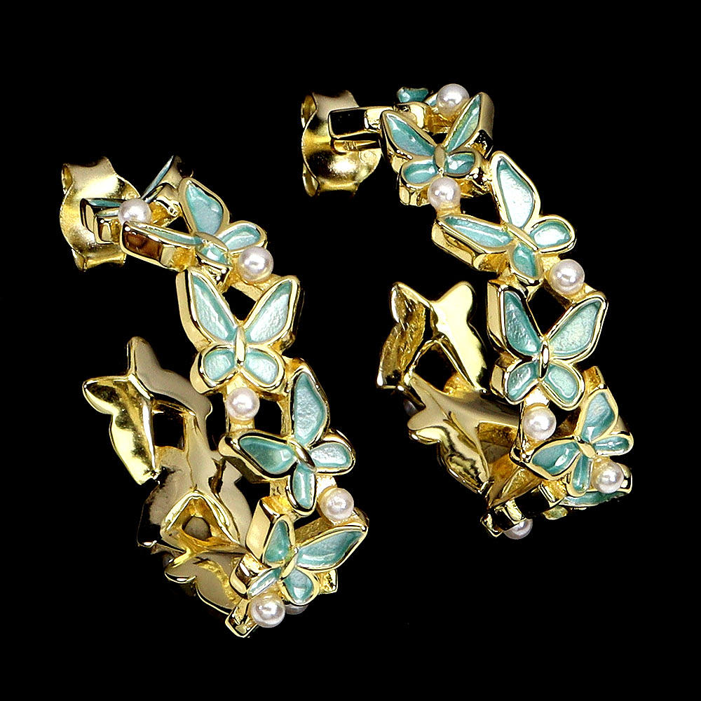 ENAMELLED PEARL SILVER EARRINGS.