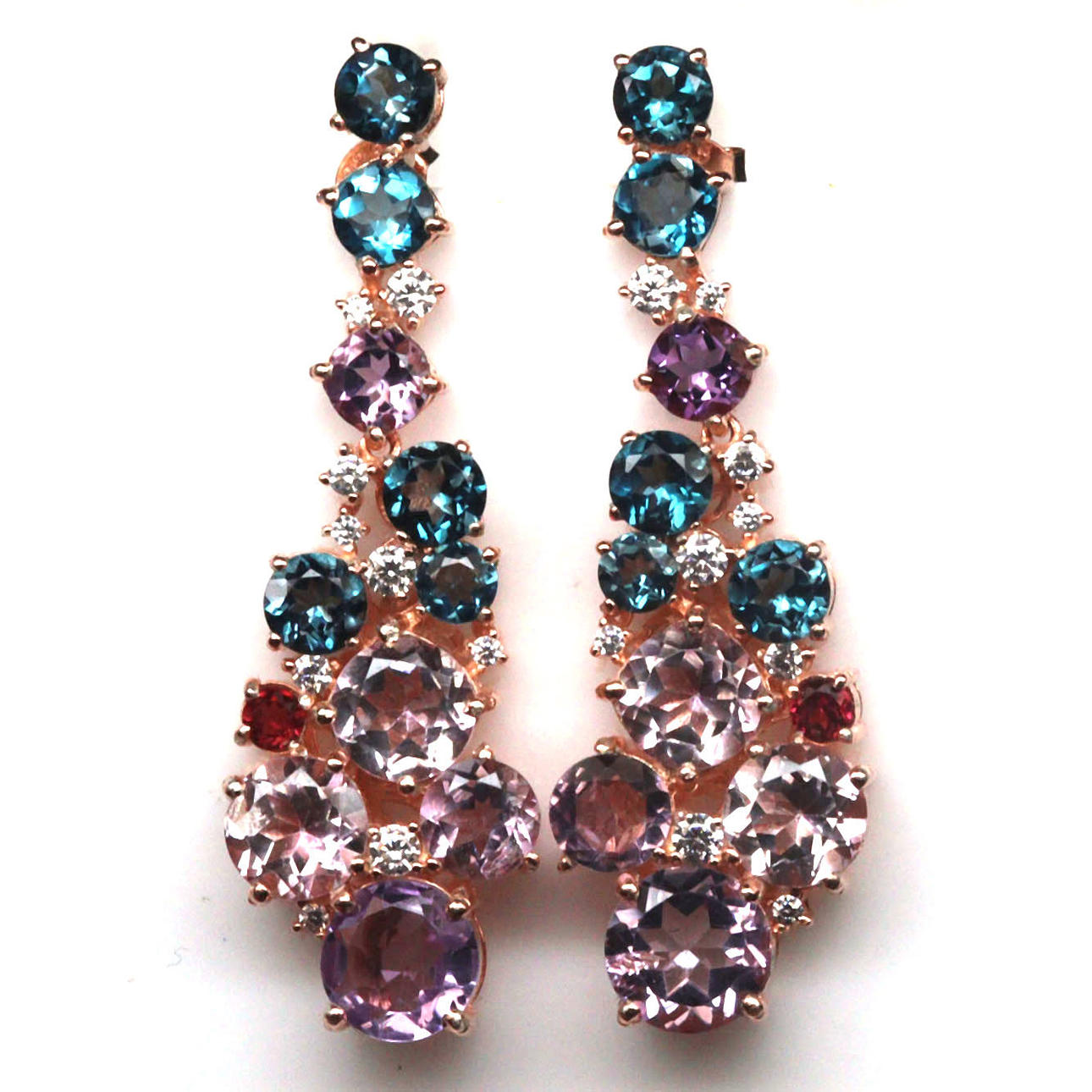 BLUE TOPAZ, AMETHYST AND GEMSTONE EARRINGS.