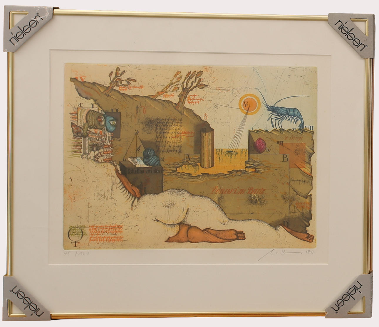 UWE BREMER. Colour etching, numbered 75/100, composition with human bones, signed. dated 1977.