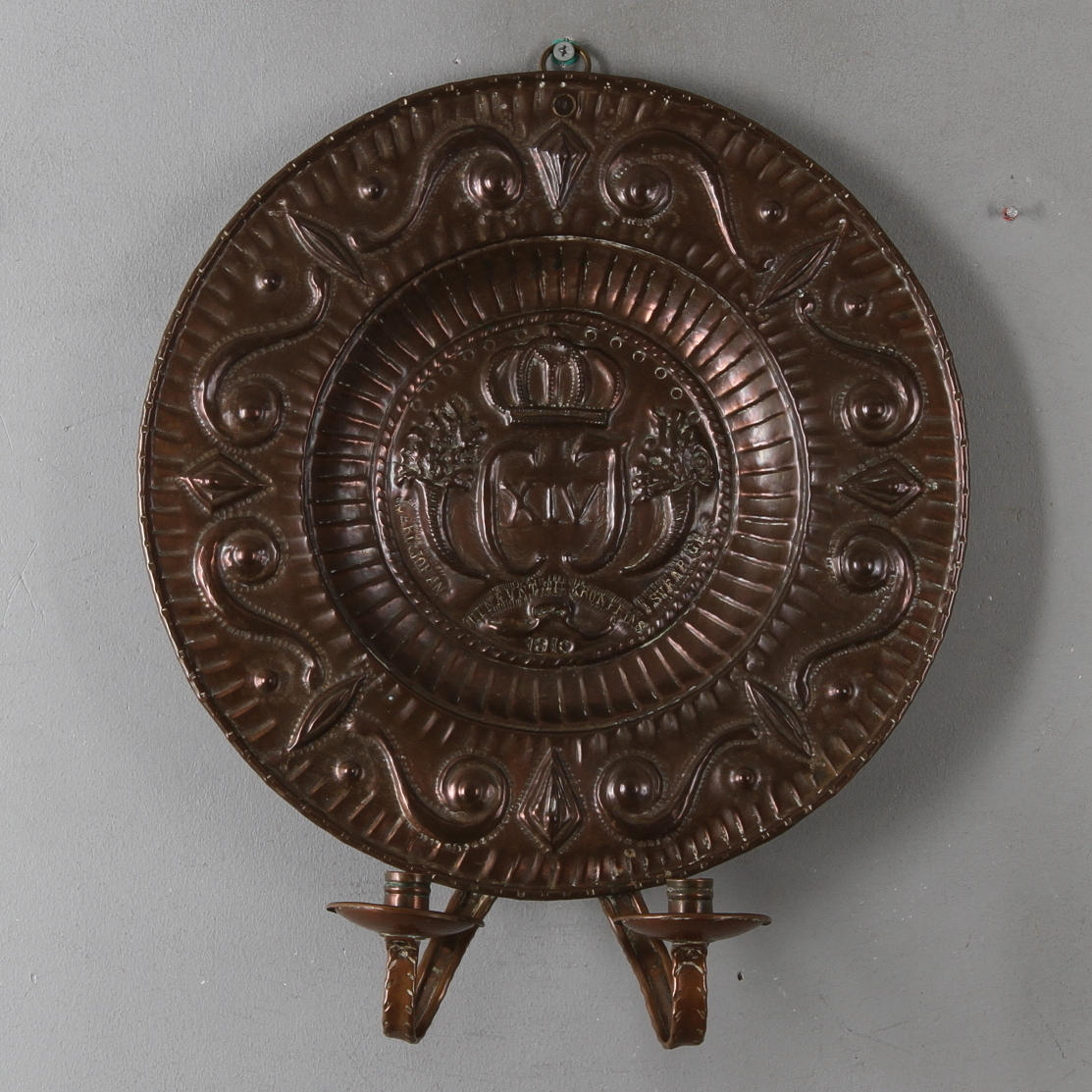 LJUSPLÅT, koppar, monogram Carl XIV Johan, 1800-tal.
