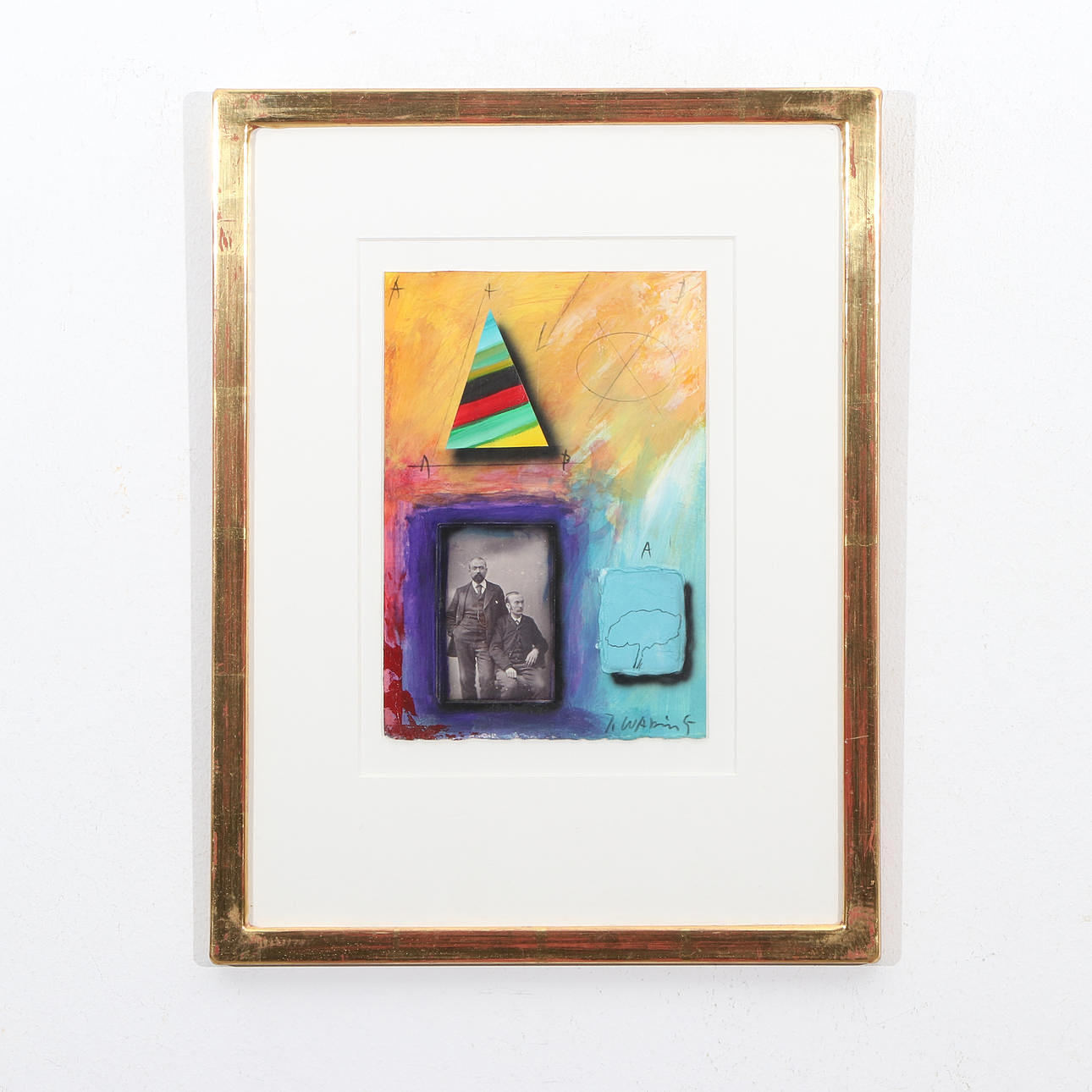 JÖRGEN WARING. Blandteknik på papper, komposition med triangel och collage , Signerad J. Waring.