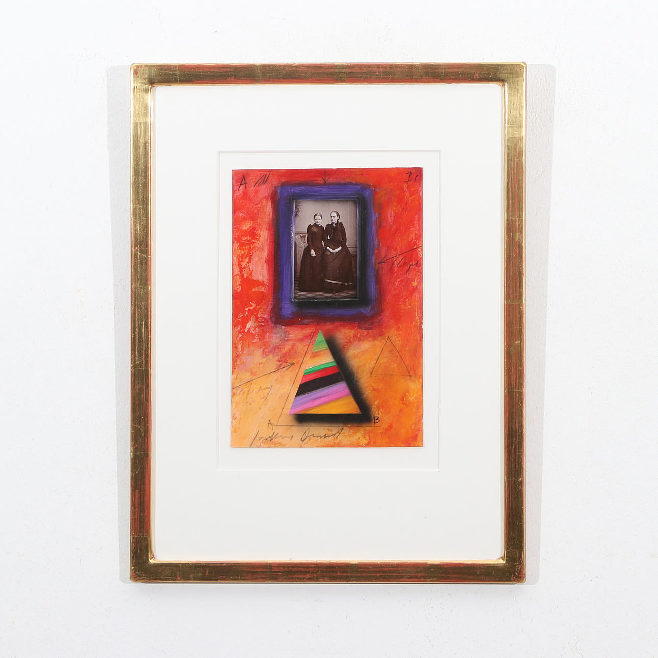 JÖRGEN WARING. Blandteknik på papper, komposition med trianglar och collage med kvinnoporträtt, Signerad J. Waring.