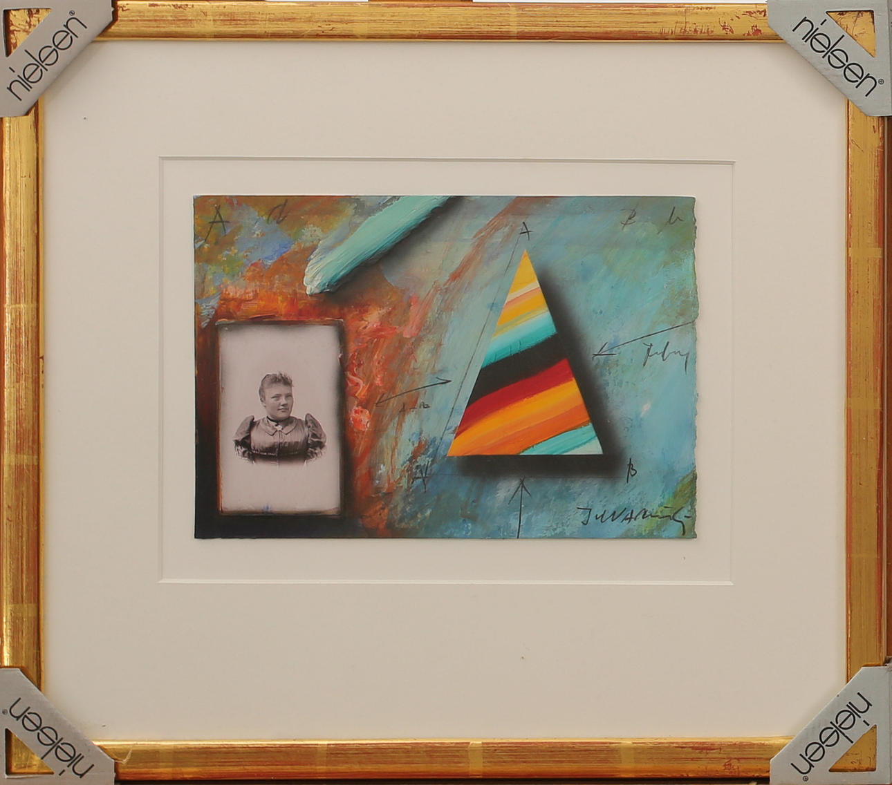 JÖRGEN WARING. Blandteknik på papper, komposition med triangel och collage med porträtt på flicka Signerad J. Waring.