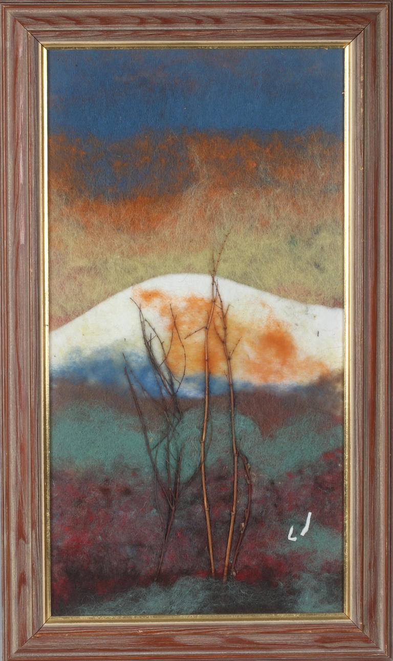 LISA JOHANSSON. Mountain landscape, wool work, monogram signed.