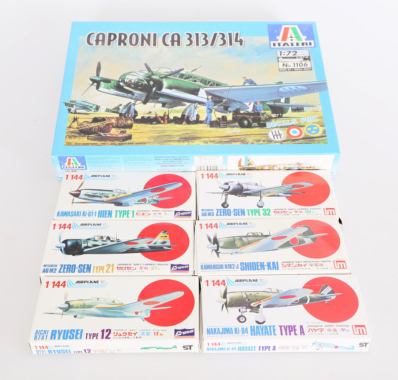 MODELLPLAN, 7 st, bland annat Zero-Sen, Crown Japan samt Caproni, Italien.