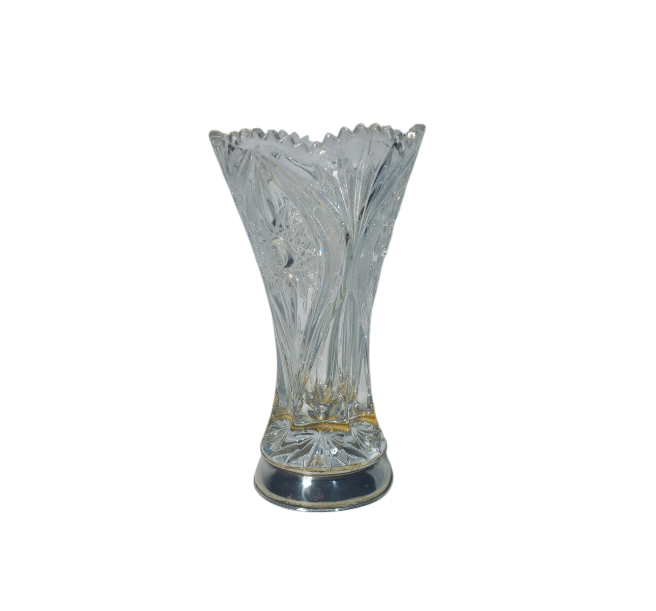 Cut glass vase with hallmarked silver base.