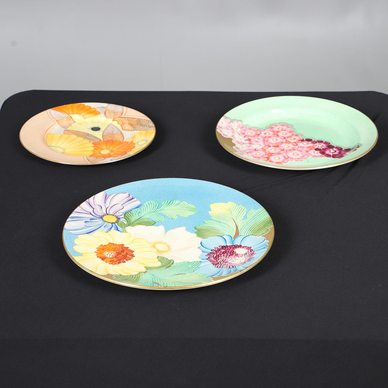 THREE GRAY'S POTTERY ART DECO PLATES.