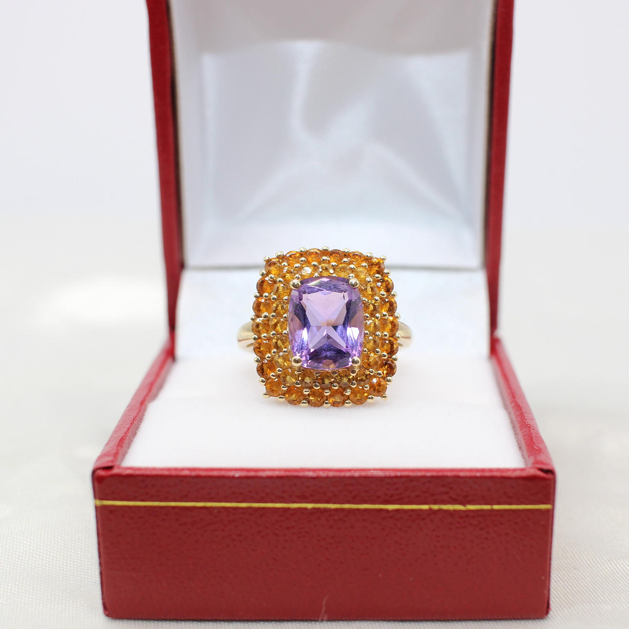 LARGE AMETHYST & CITRINE RING.