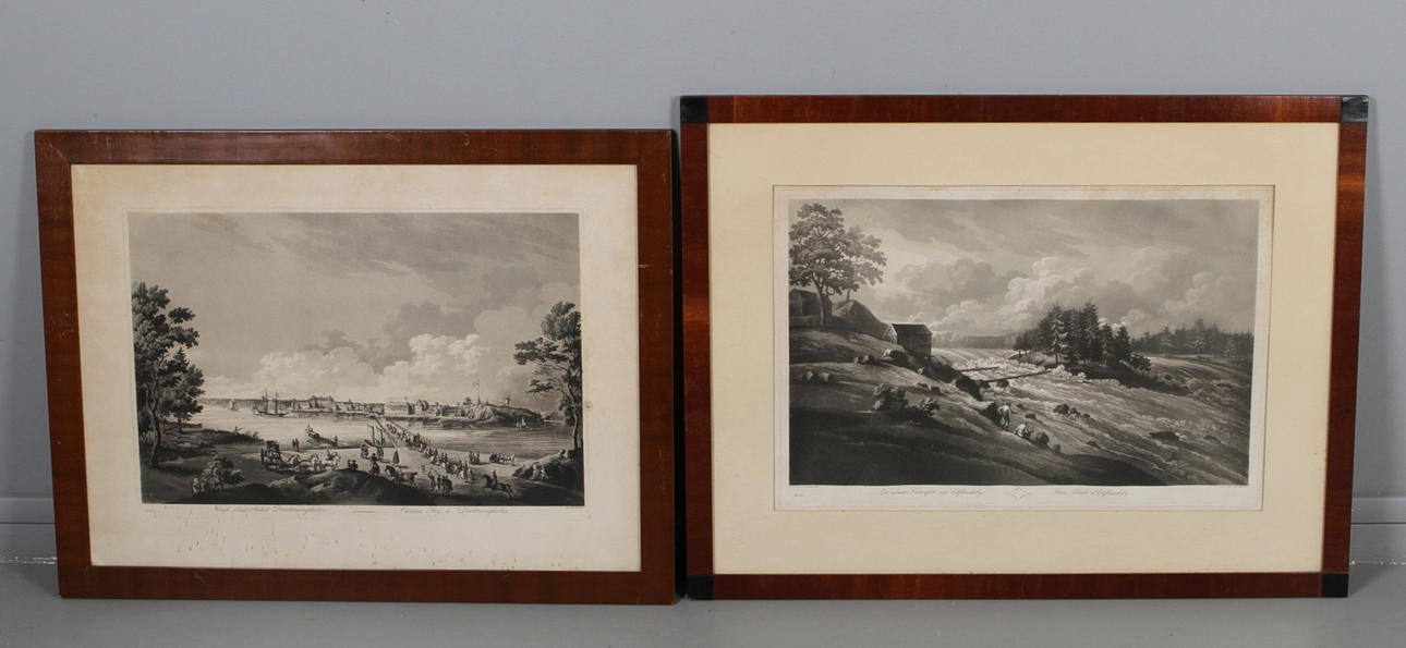 JOHAN FREDRIK MARTIN. EFTER. "Vy mot Drottningholm" och "Vattenfall vid Elfkarleby", estningar, 1800-tal.