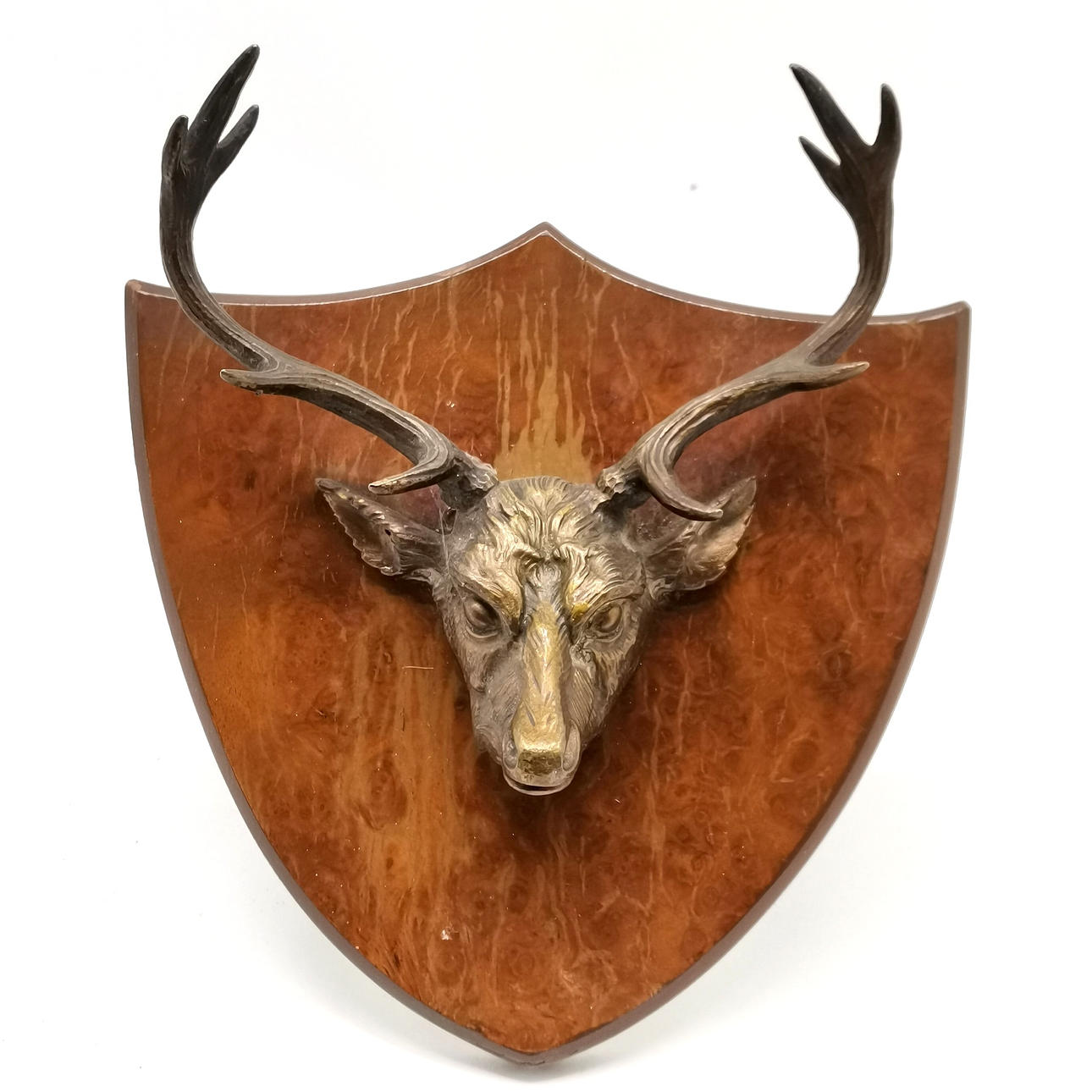 ANTIQUE BRONZE STAGS HEAD MOUNTED ON A WALNUT.
