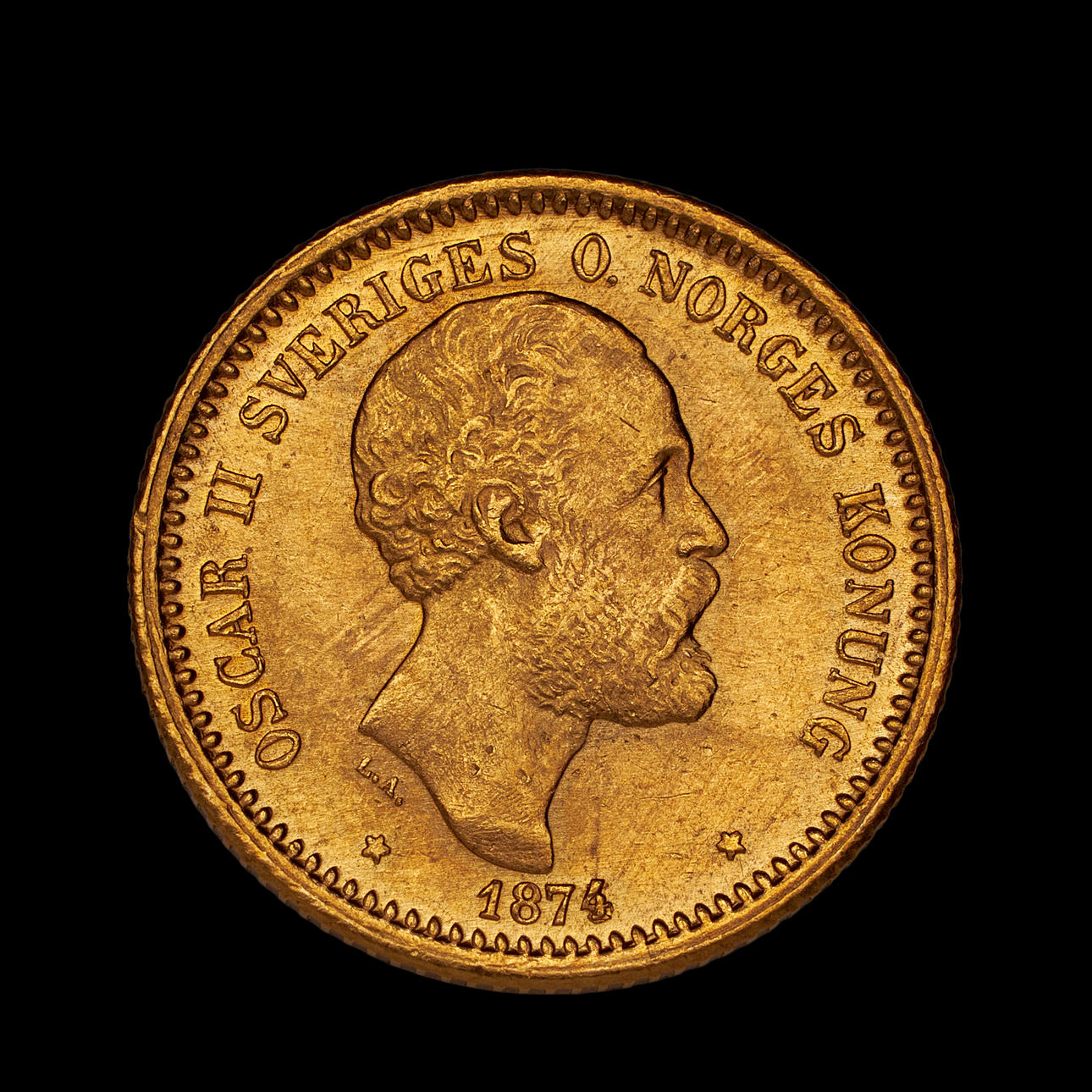GULDMYNT, Oscar II, 10 kr, 1874.