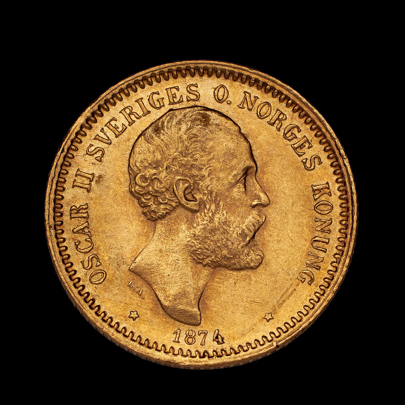 GULDMYNT, Oscar II, 10 kr, 1874.
