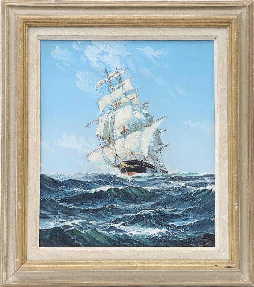 OIDENTIFIERAD KONSTNÄR. Sea view with ship, monogram signed JP and dated 1950. Oil painting on panel.