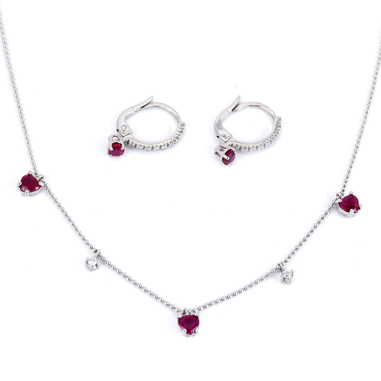 18CT WHITE GOLD RUBY & DIAMOND SET NECKLACE & ERRINGS.