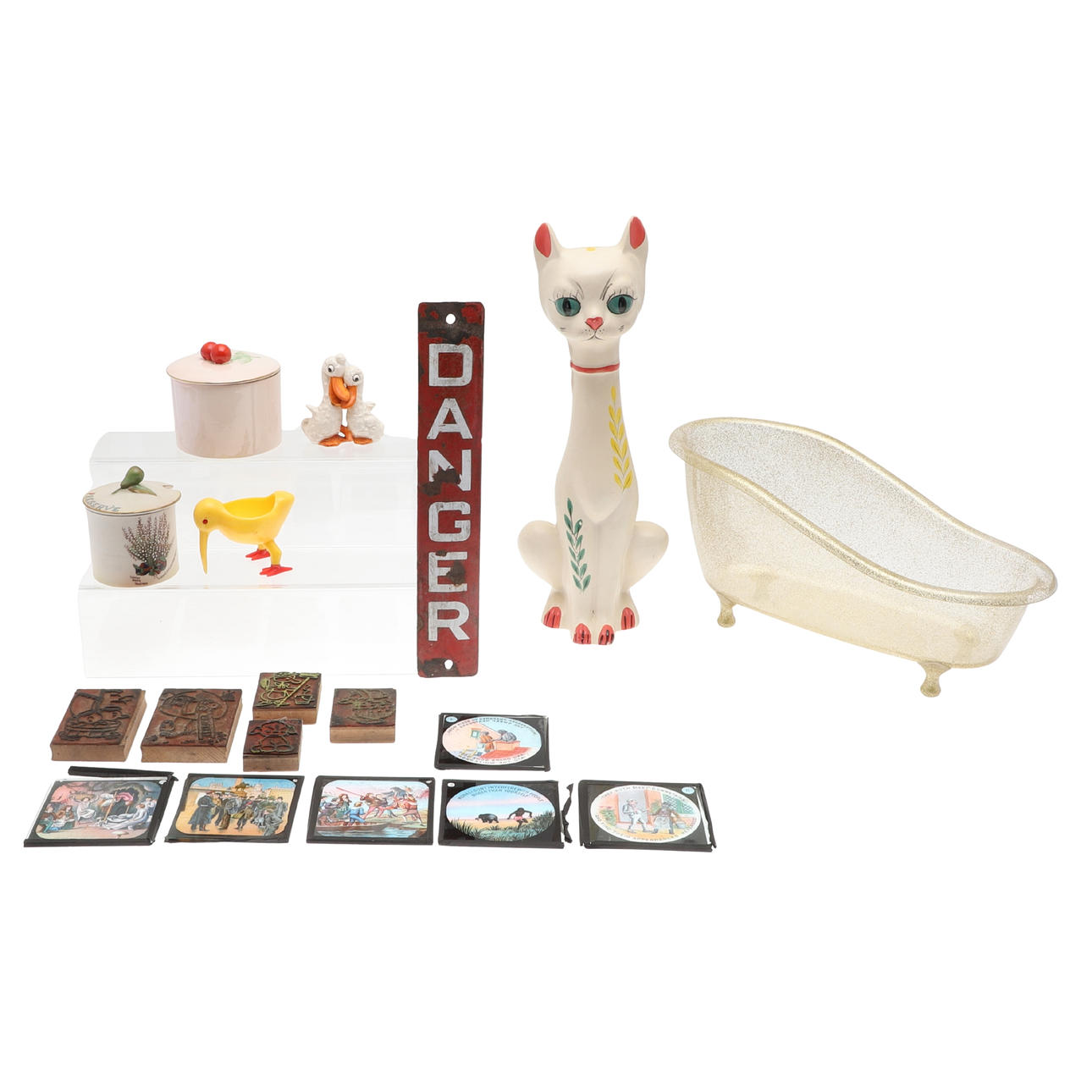 SMALL ENAMEL SIGN, MAGIC LANTERN SLIDES & COLLECTABLES.