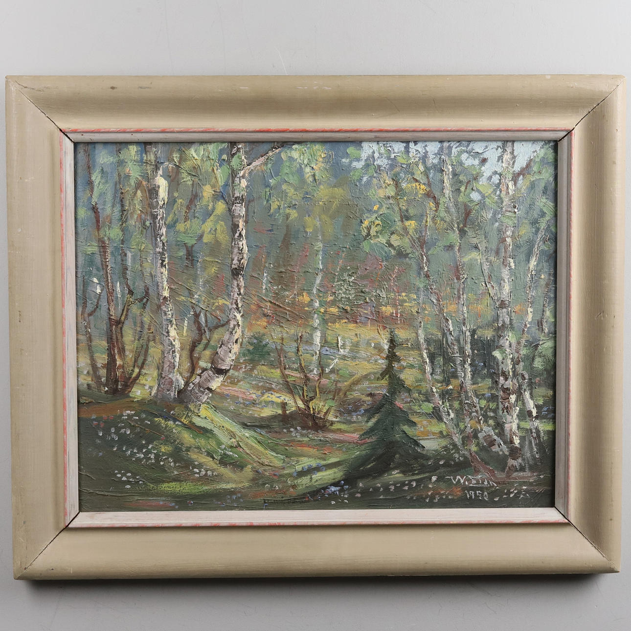 OIDENTIFIERAD KONSTNÄR. OIL ON PANEL, “Lövskog”, signed & dated -1950.