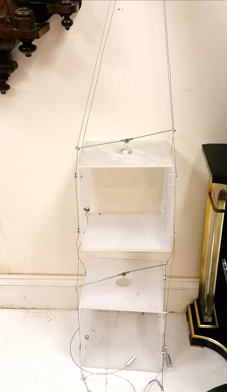 VINTAGE PAIR HANGING LIT DISPLAY BOXES.