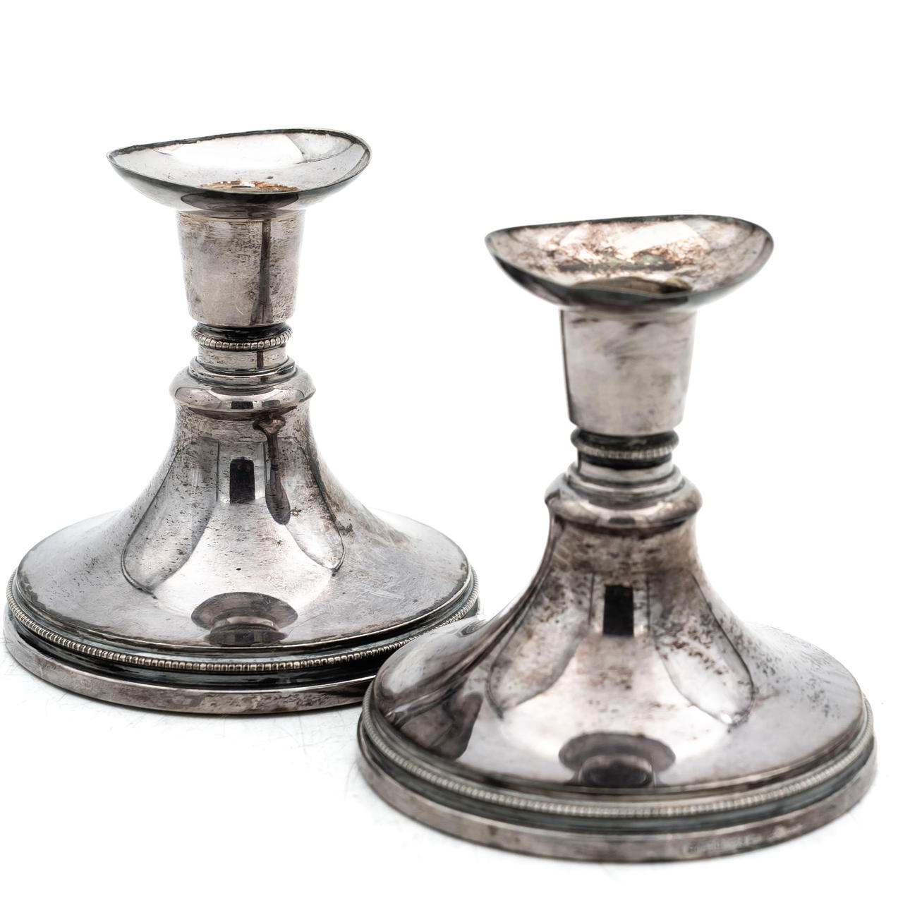 A SILVER, 1970'S CANDLESTICKS.