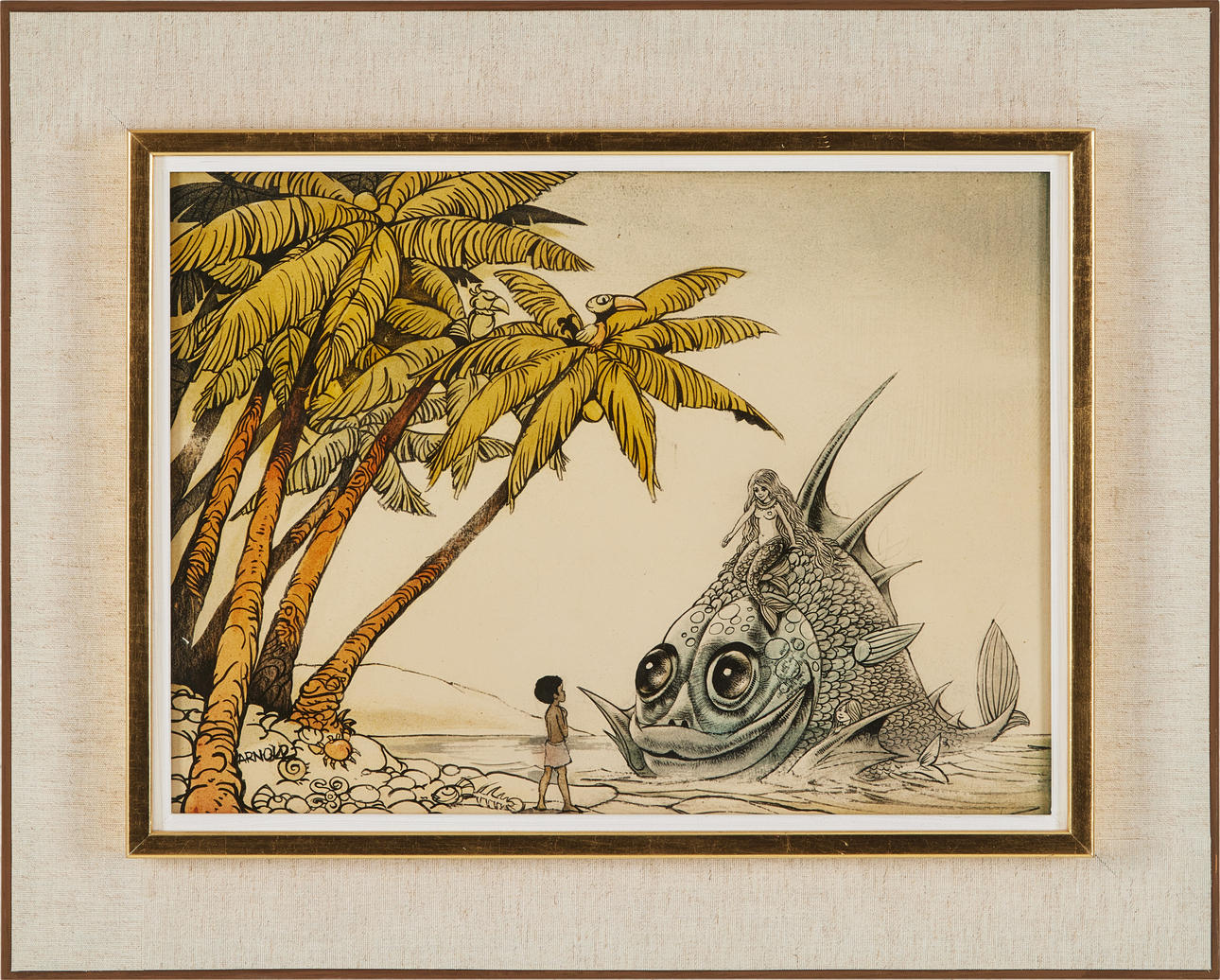 HANS ARNOLD. Fish and boy, mixed media, signed.
