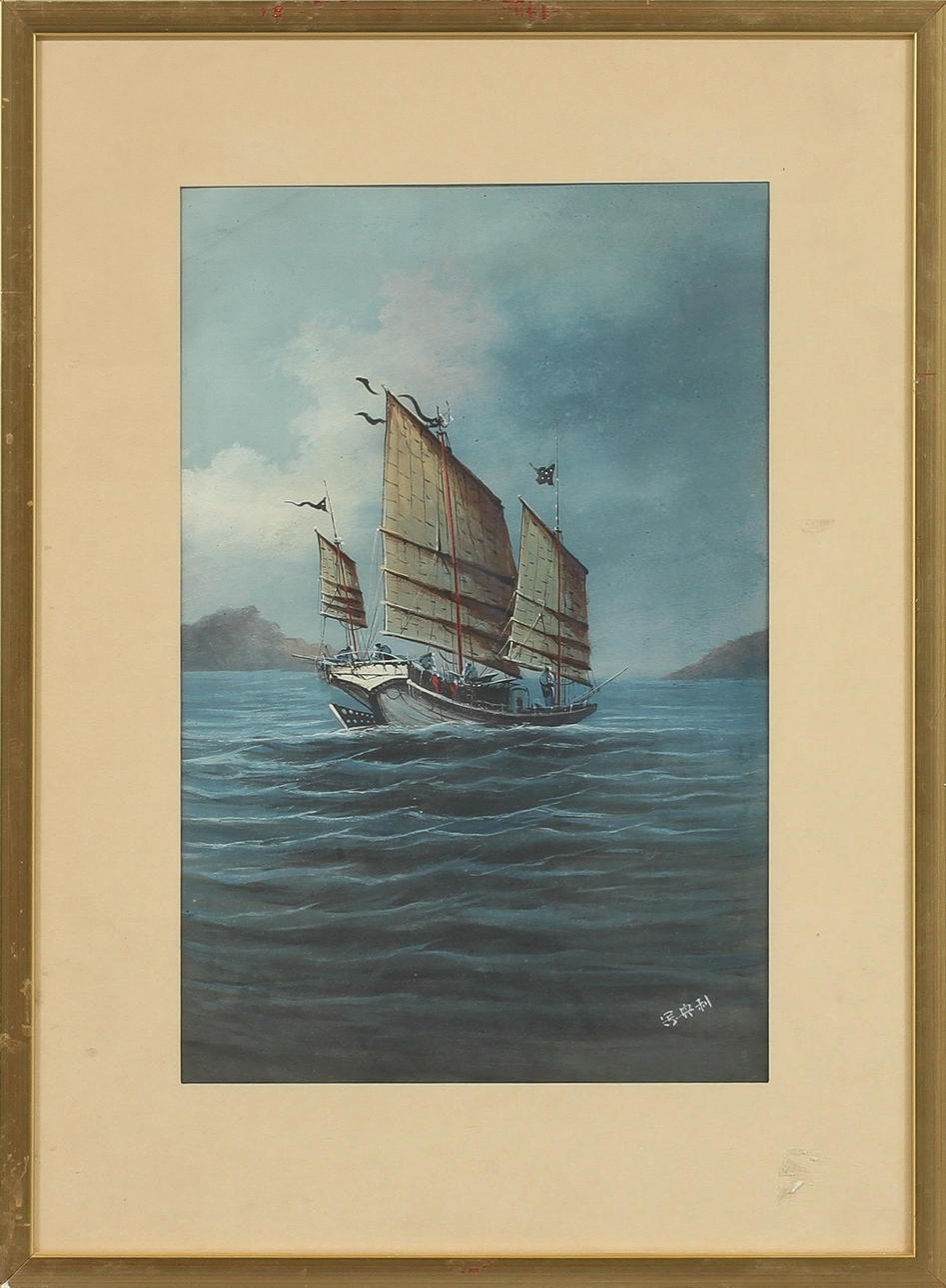 OIDENTIFIERAD KONSTNÄR, djonk på hav, 2 st, gouacher, Kina, sign.