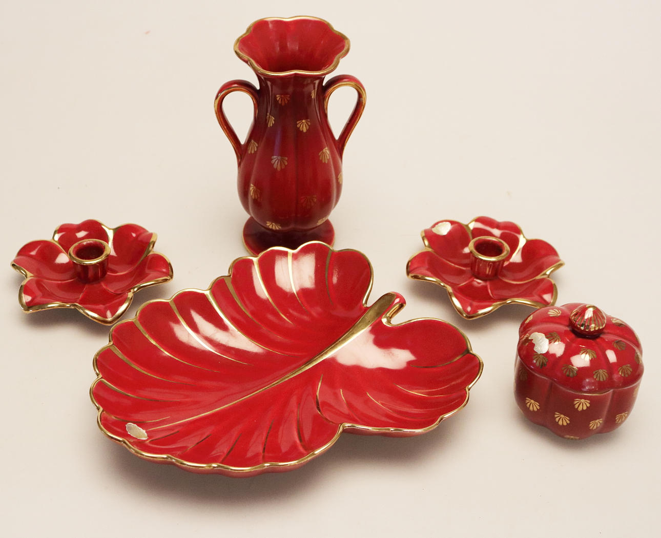 LJUSSTAKAR, VAS, SKÅL, FAT, 5 delar, Röd Rubin, Arthur Percy, Gefle, 1900-tal.