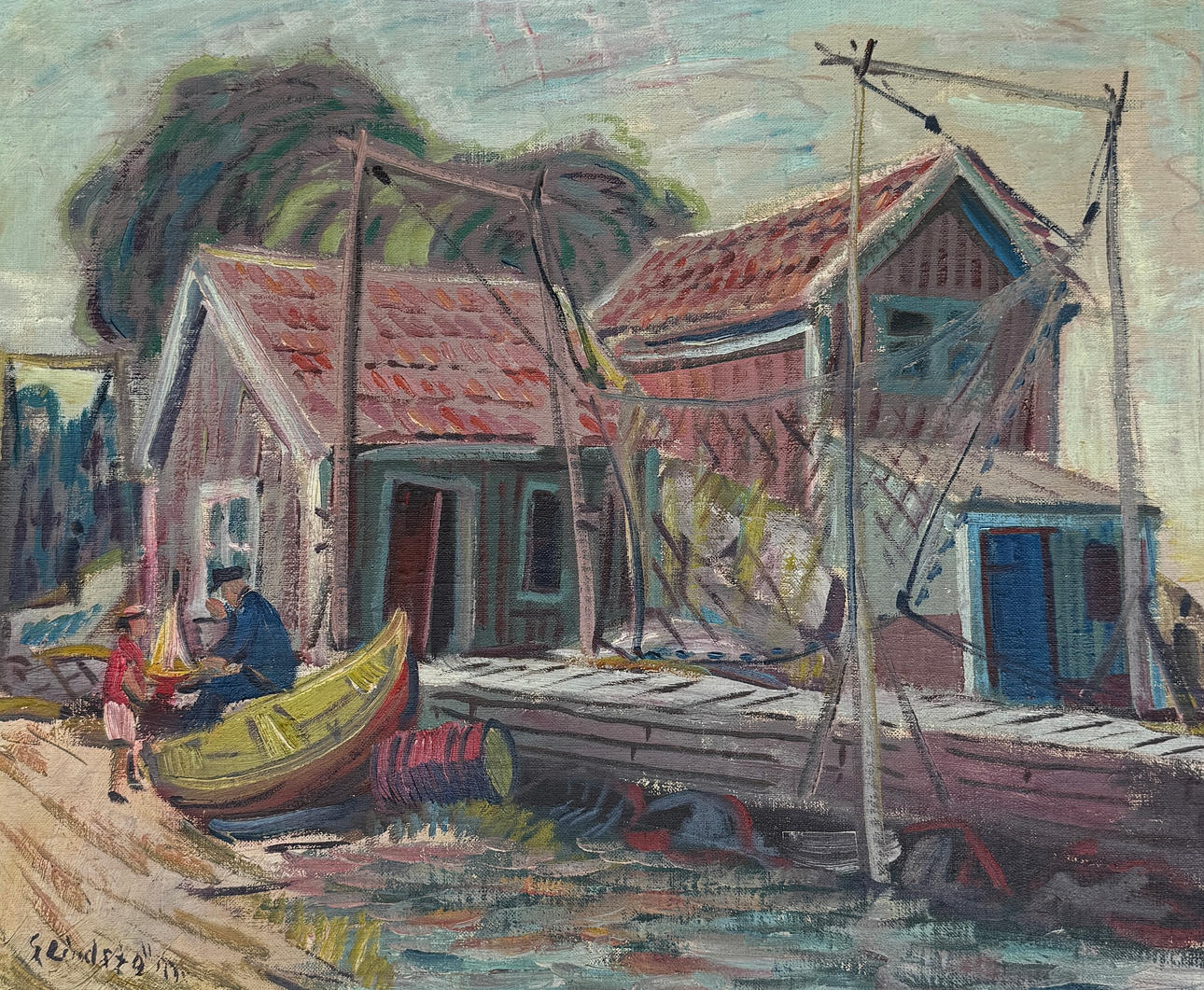 GEORG LINDSTRÖM. Fiskebodar. Olja på duk, uppklistrad på pannå, signerad G Lindström.