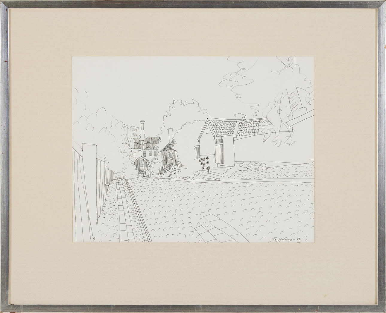 STIG (SLAS) CLAESSON. Södermalm, tuschteckning, signerad.