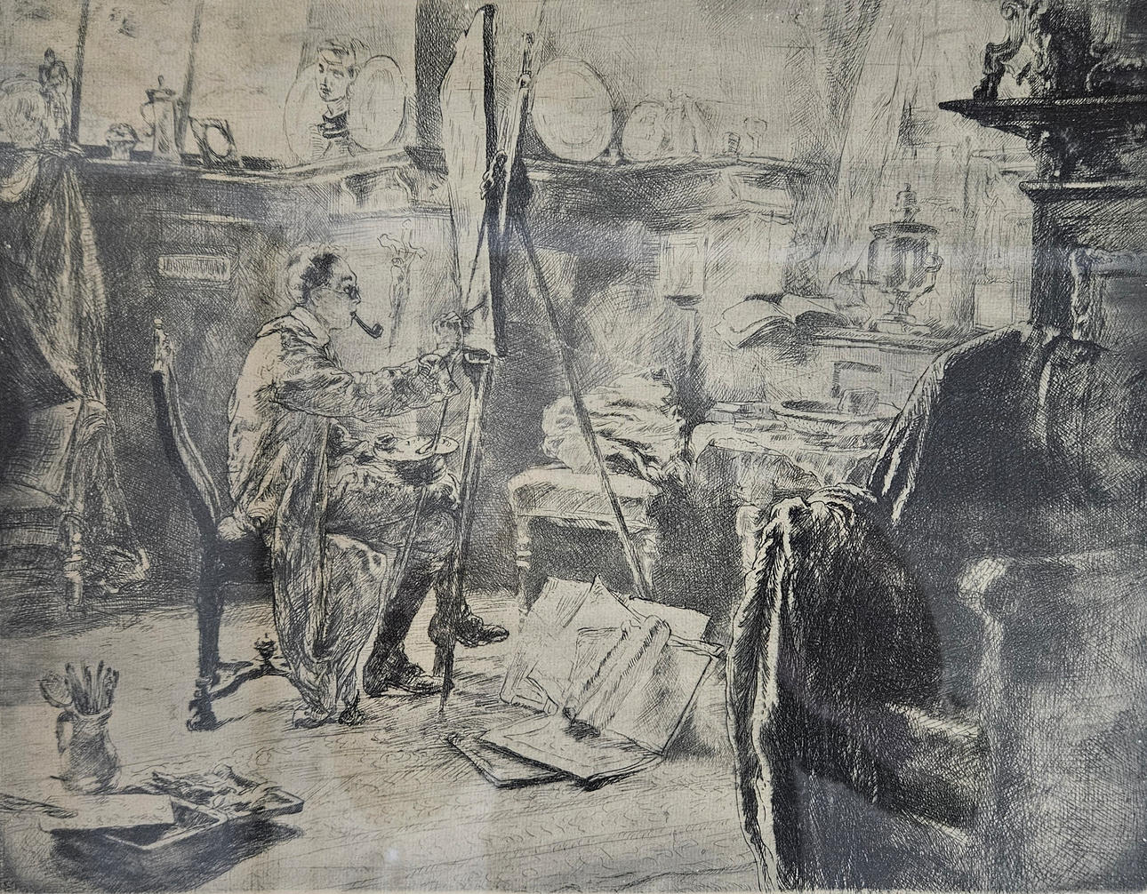 ANDERS HELLER. “Studio interior”. Etching, signed Anders Heller.