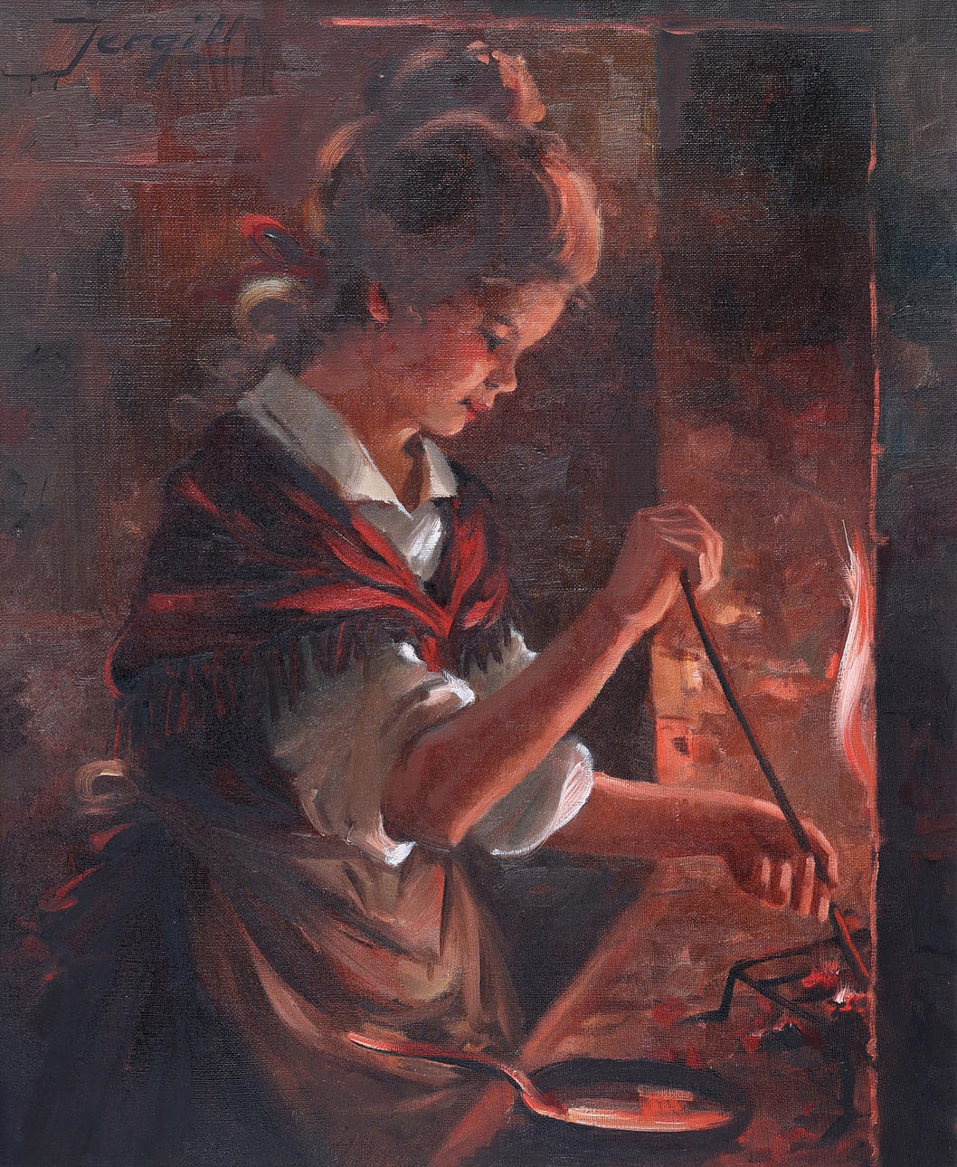 TORALF JERGILL. Olja på duk, kvinna vid elstad, signerad.