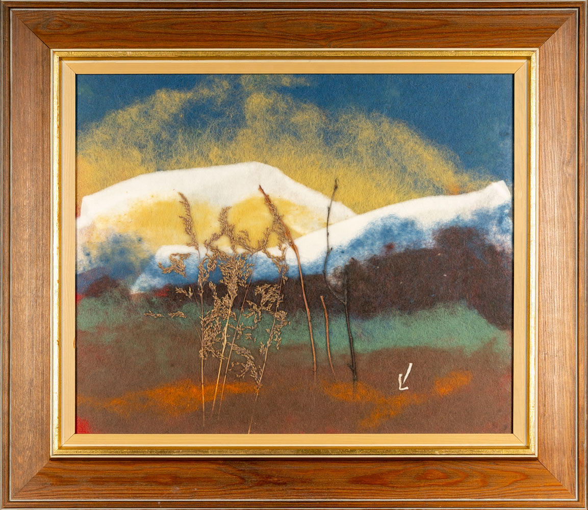 LISA JOHANSSON. Textile composition on panel, Mountain landscape, Signed.