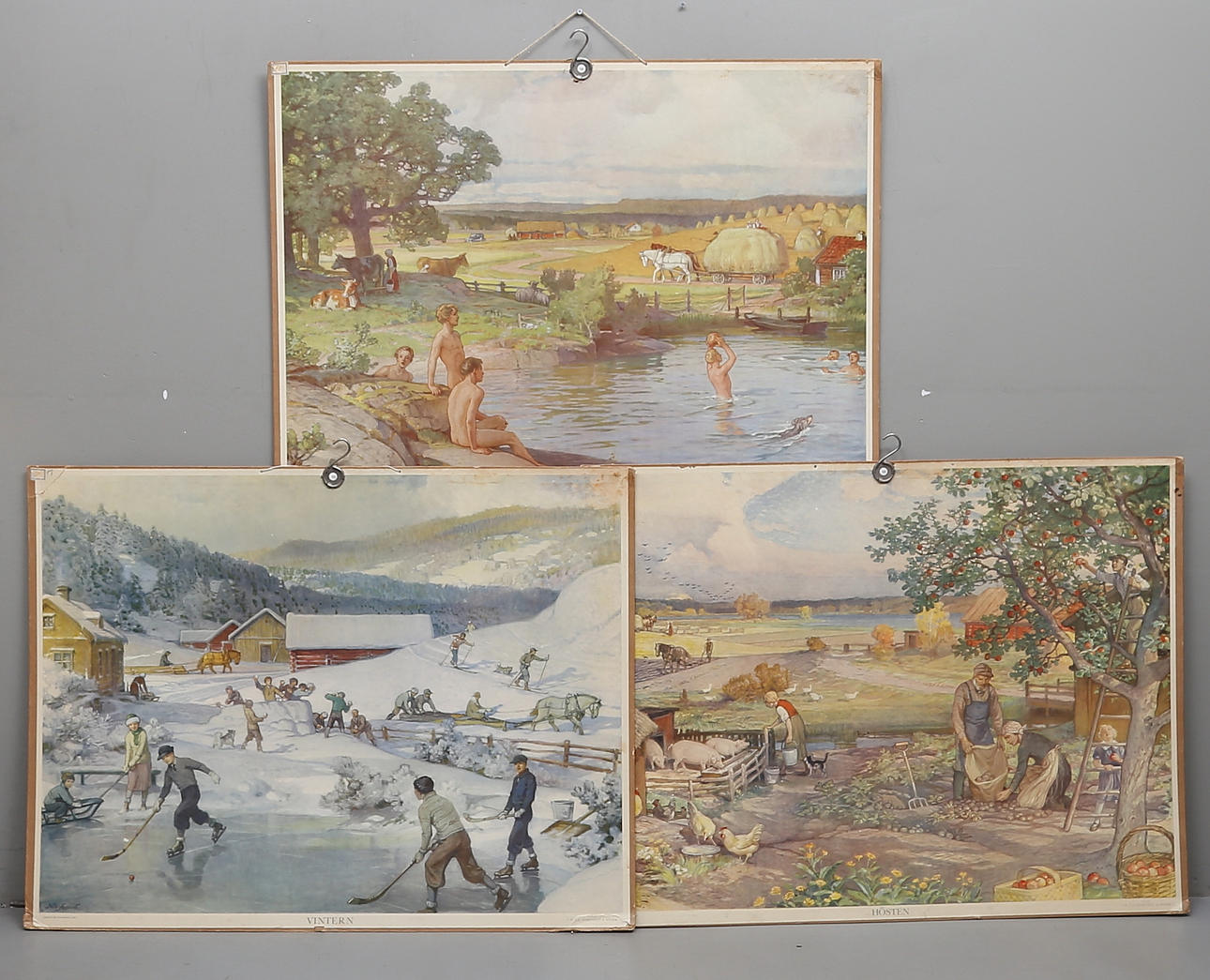 SKOLPLANSCHER, 3 st. med motiv efter Nils Asplund. "Sommaren", "Hösten" och "Vintern", Norstedt & Söner, 1900-talets första hälft.