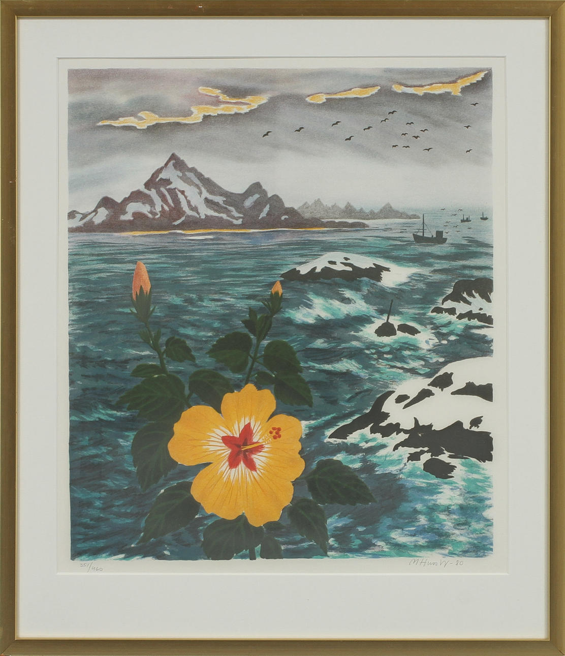 MONA HUSS-WALLIN. Kustbild med blomma, färglitografi, signerad och numrerad 351/460.