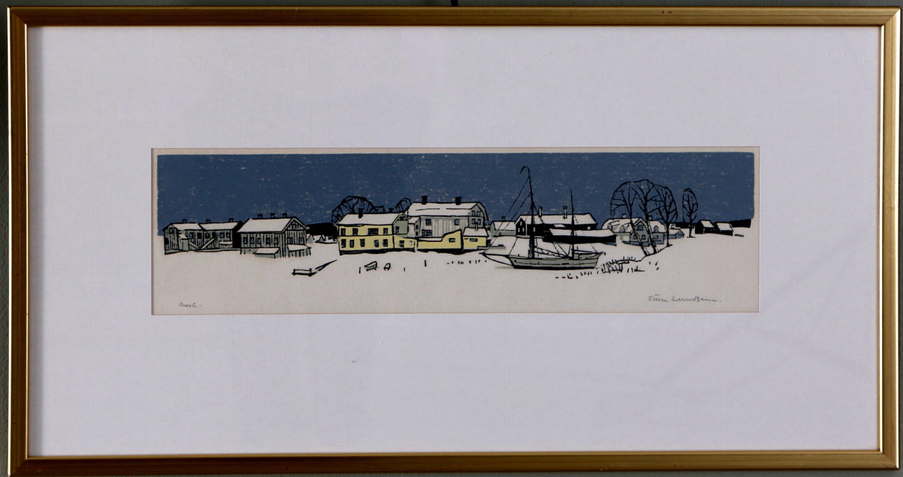 STURE LUNDGREN. "Vinterdag Pataholm", träsnitt, signerad.