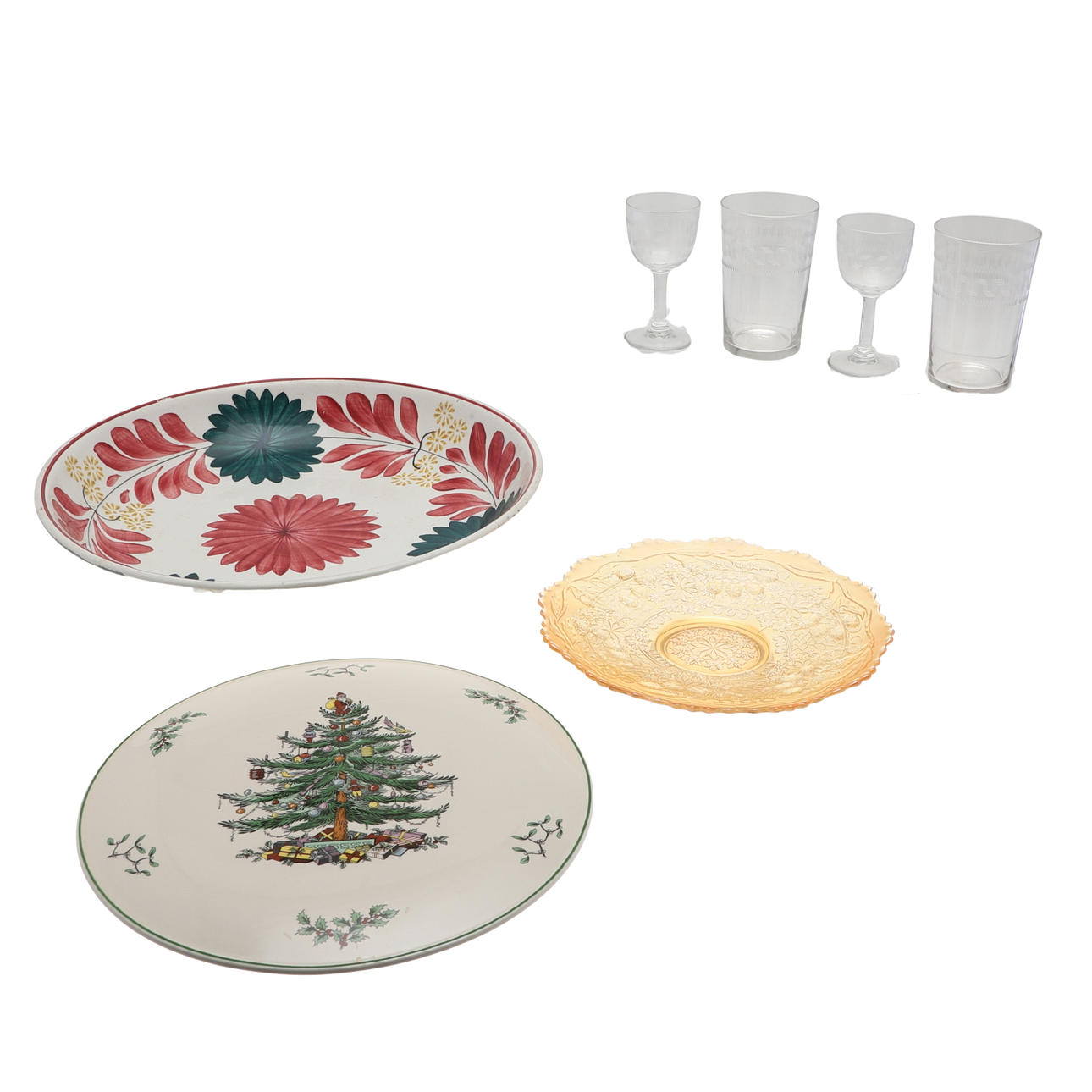 A SPODE CHRISTMAS TREE CAKE STAND AND OTHER CERAMICS.
