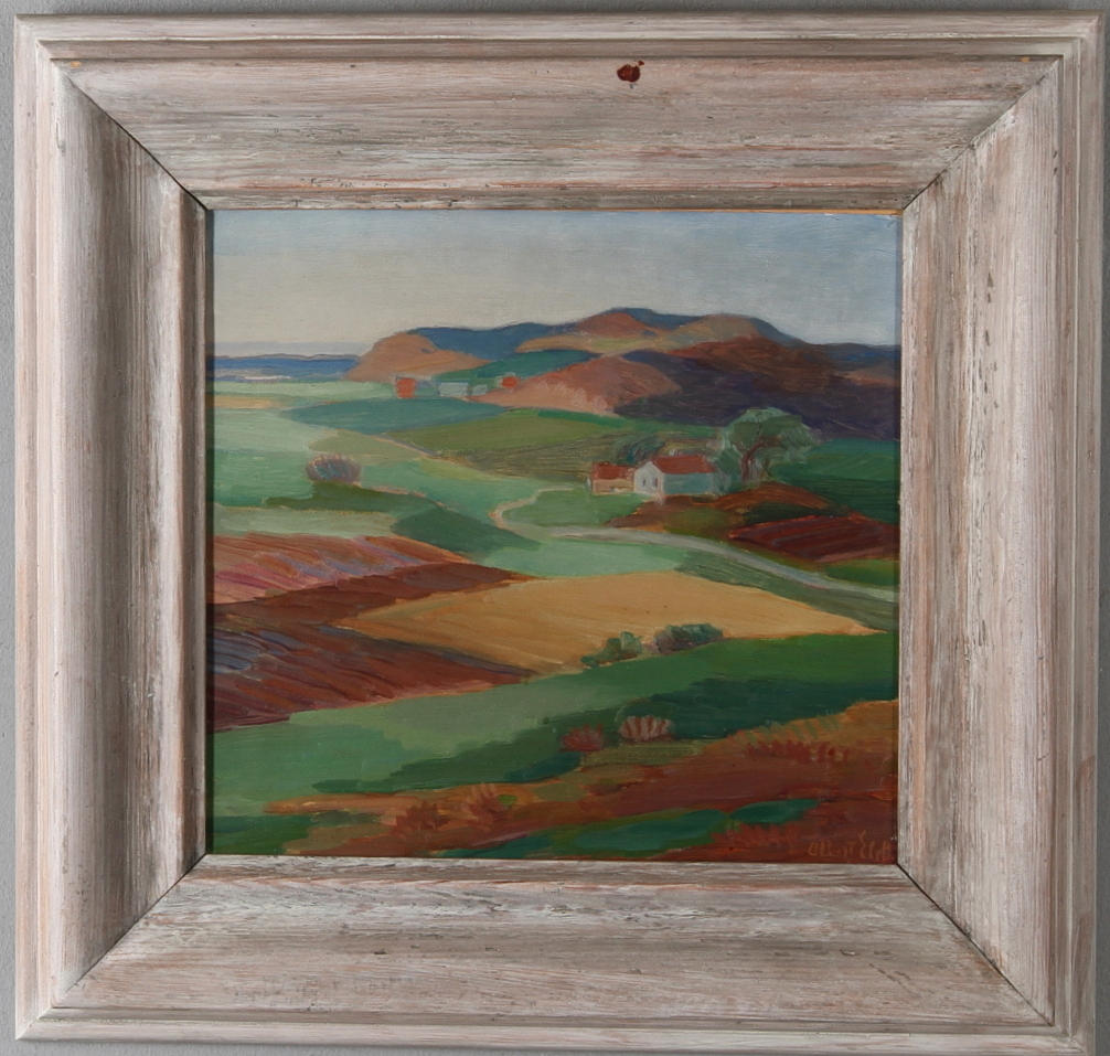 ALBERT ELDH. Landskapsmotiv, olja på pannå, signerad.