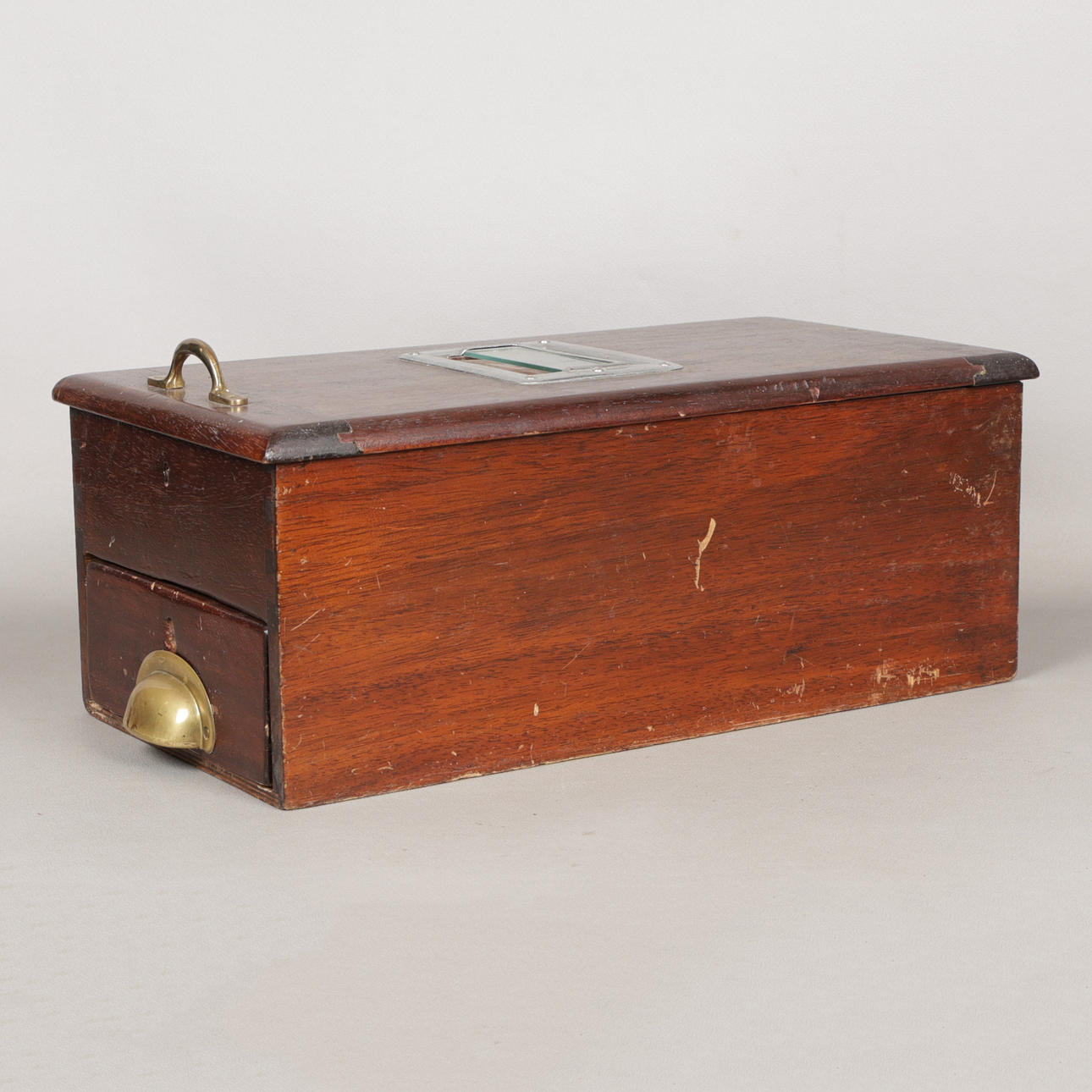 A DARK STAINED PINE SHOP TILL.