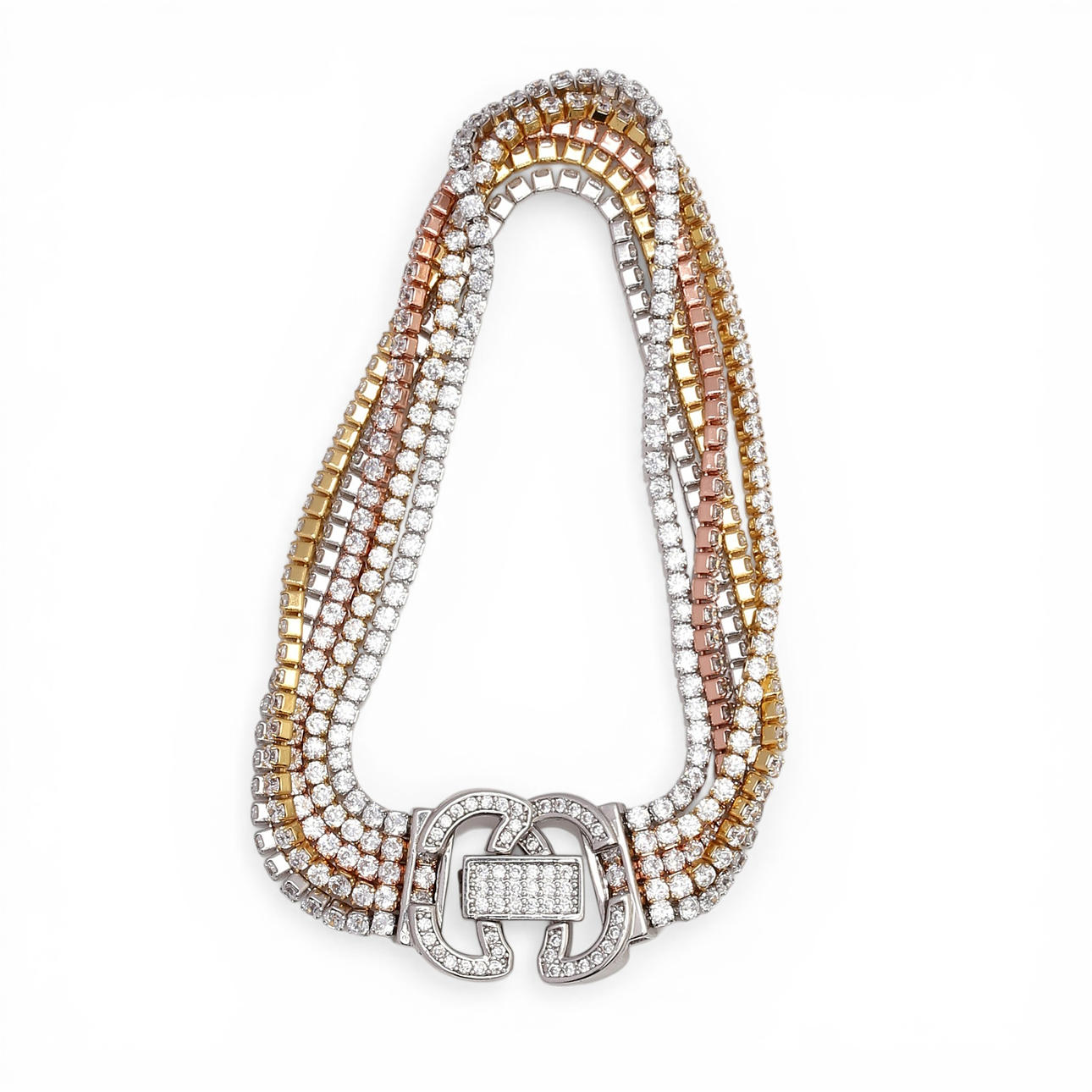 Three-coloured silver bracelet with zircons.