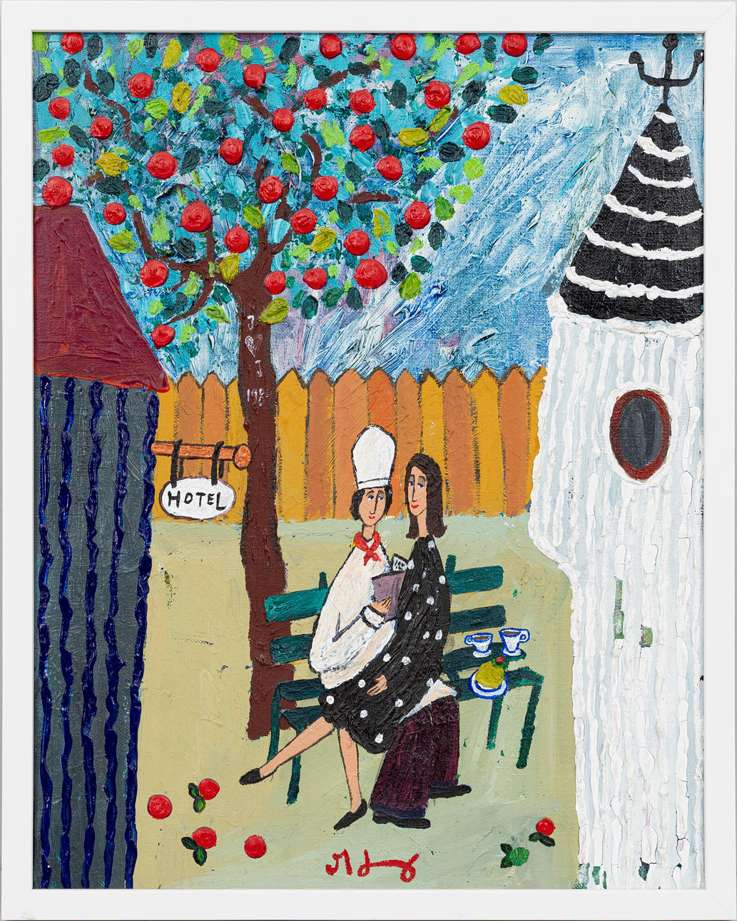 MARIKA LANG. Couple in love under apple tree, signed M Lang, dated 1984.