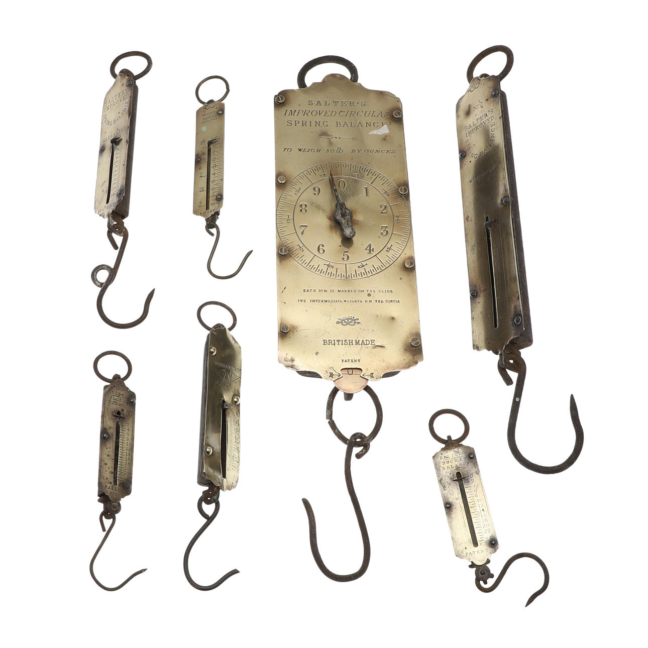 THREE BRASS FACED SPRING BALANCES.