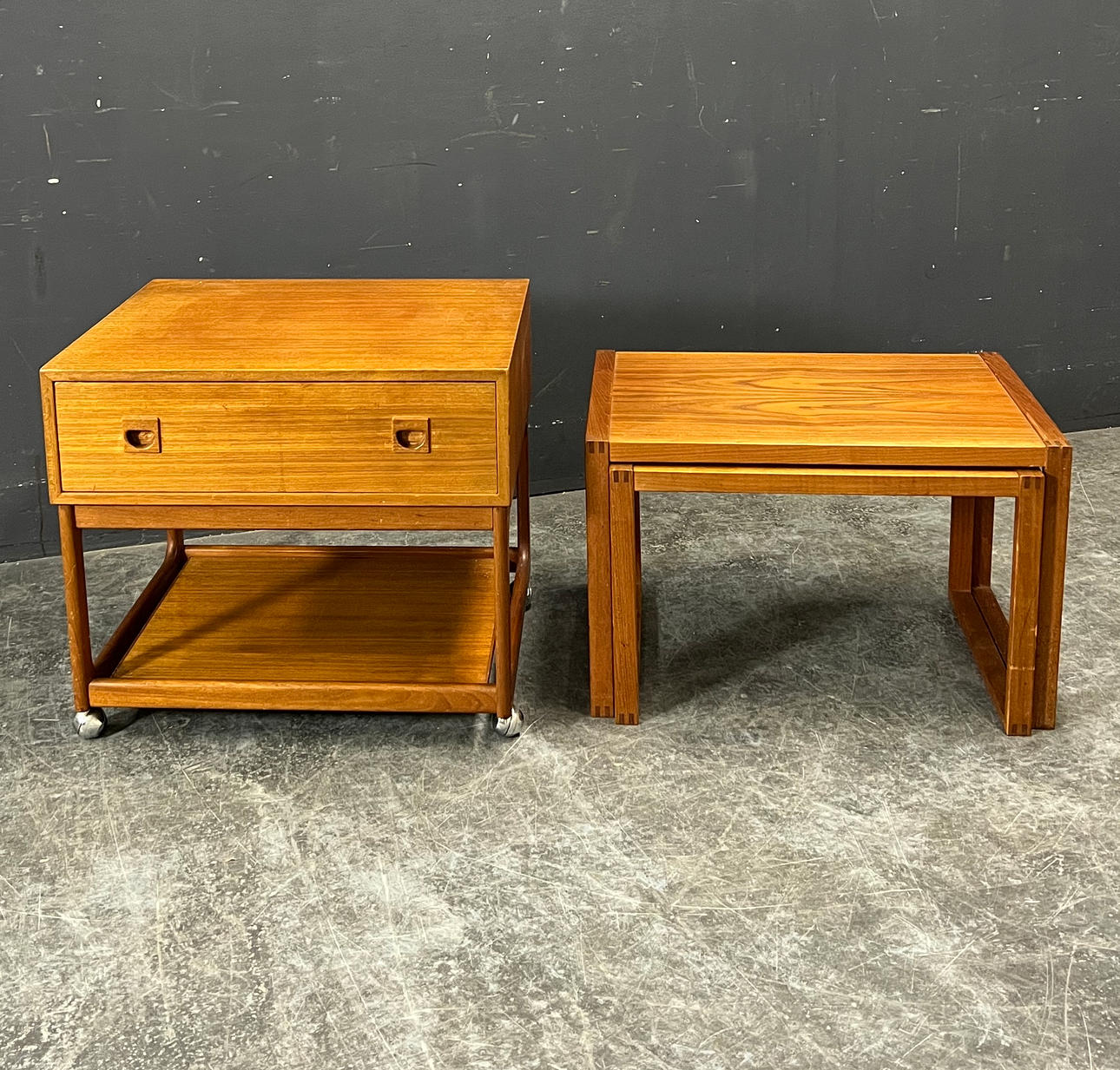 3 TEAK TABLES.