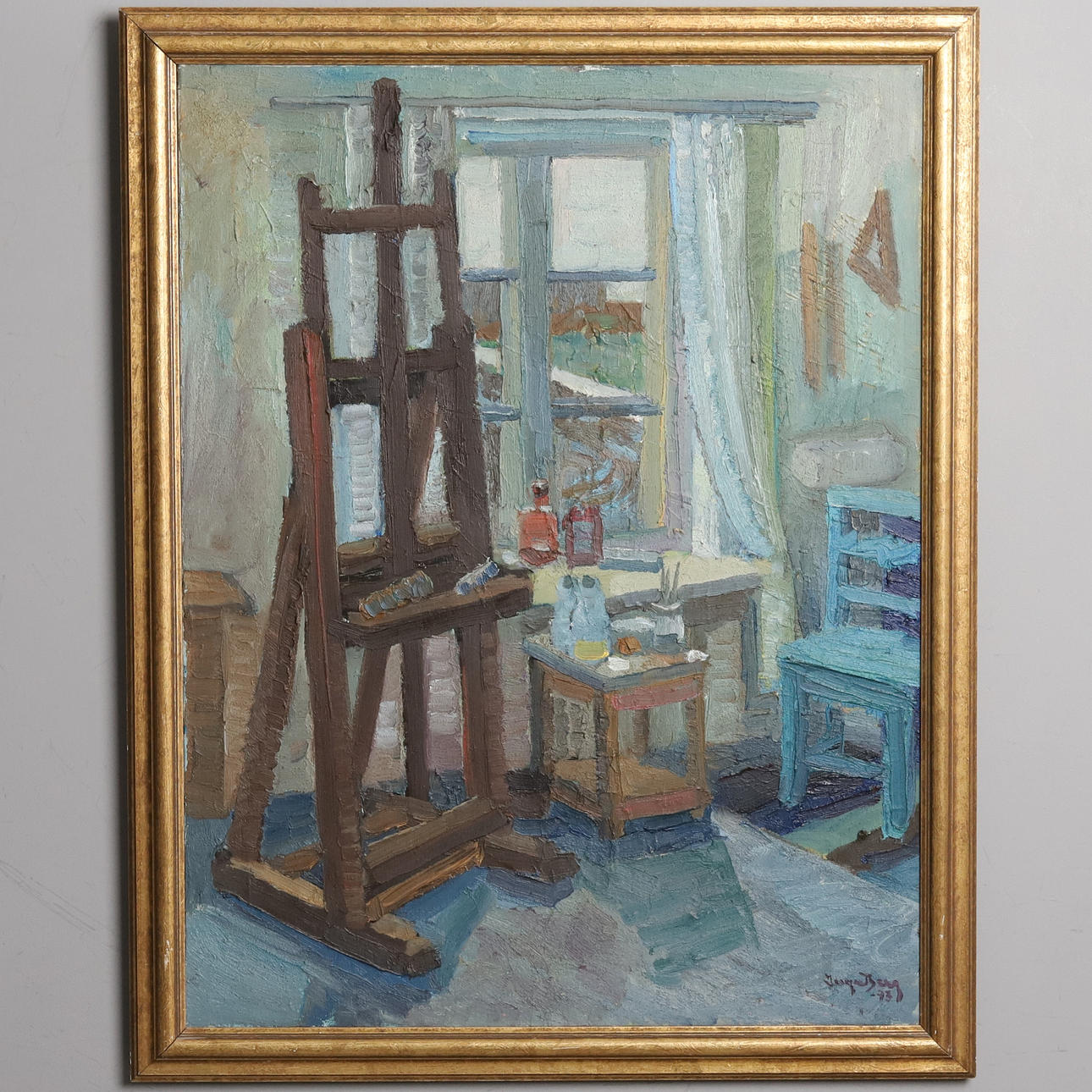 INGA BERG. OIL ON CANVAS, “Studio, interior”, signed & dated -73.
