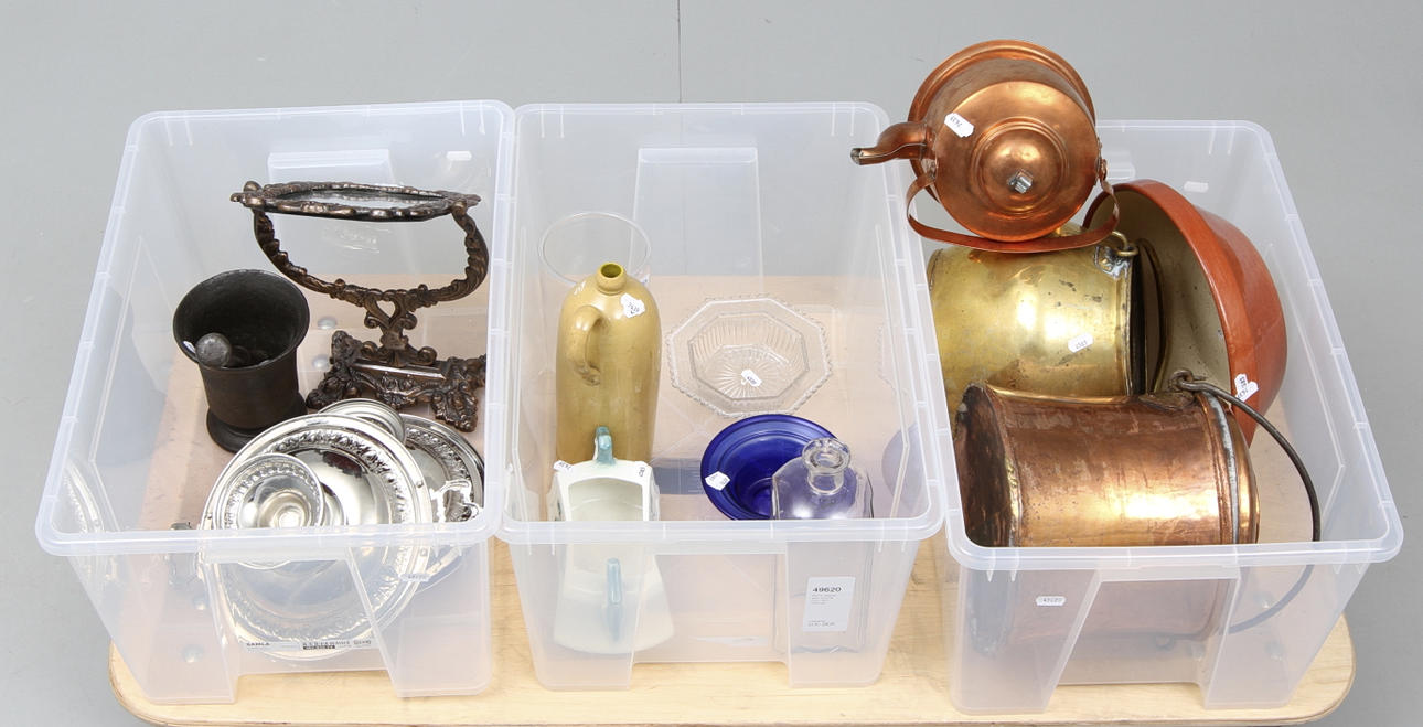 PARTI, koppar, glas, keramik mm, 1800-1900-tal.